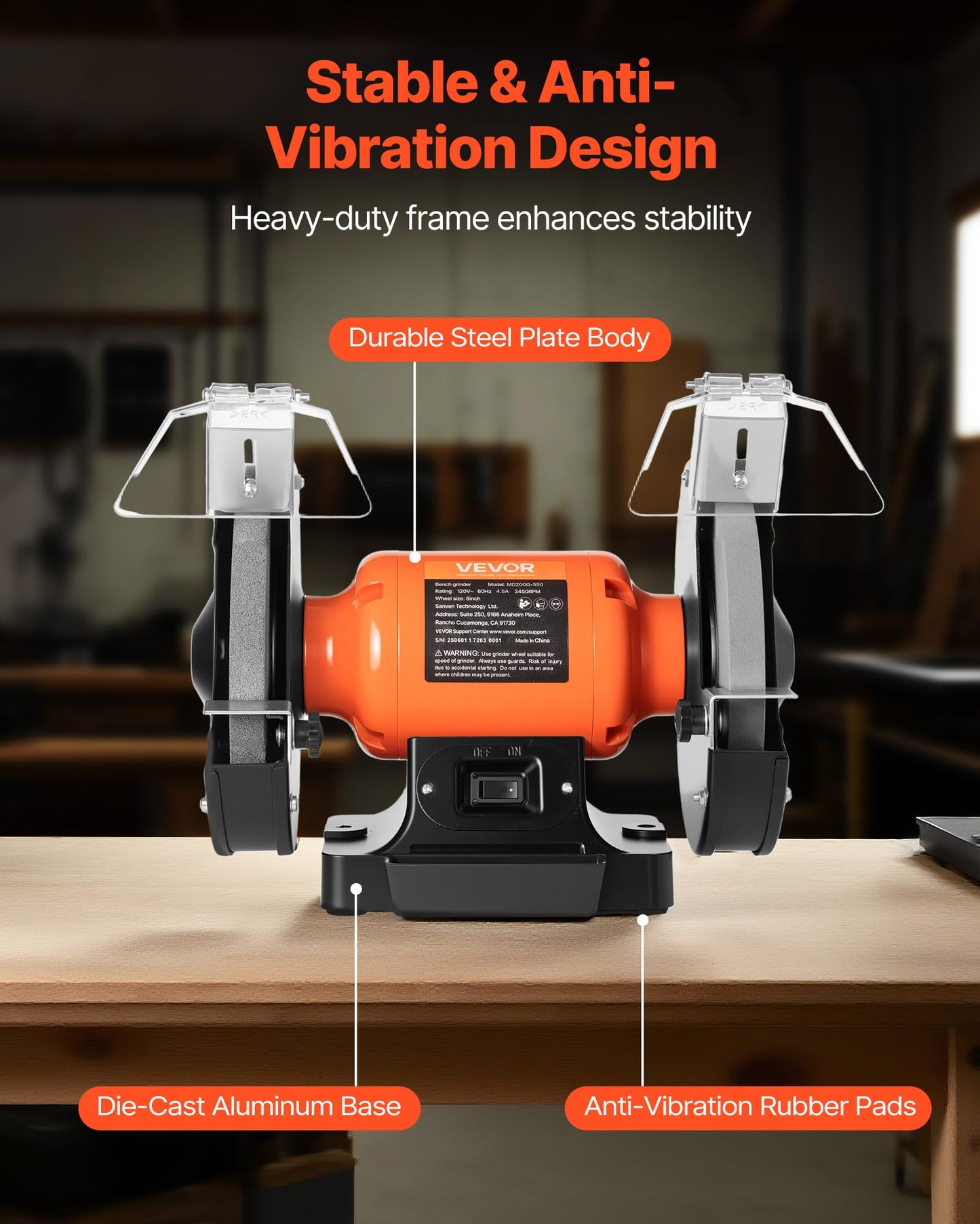 VEVOR Bench Grinder, 8-inch Single Speed, 3450RPM High-Speed Table Grinders with 550W 4.5A 3/4Hp Induction Motor, 36/60-Grit Grinding Wheel & Adjustable Eye Shield for Fast Sharpening Grinding