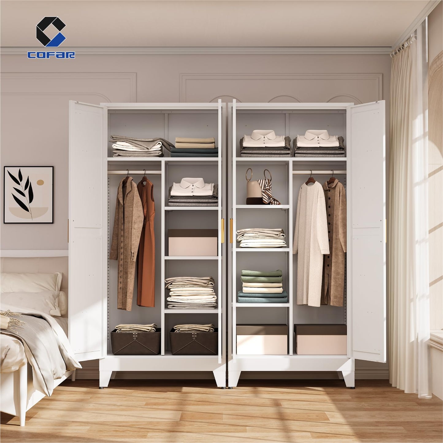 COFaR Metal Wardrobe Closet with Doors, 71'' Tall Steel Bedroom Armoire with Adjustable Hanging Rod and Shelves, Broom Closet Storage Cabinet for Garage Laundry Office, Farmhouse White