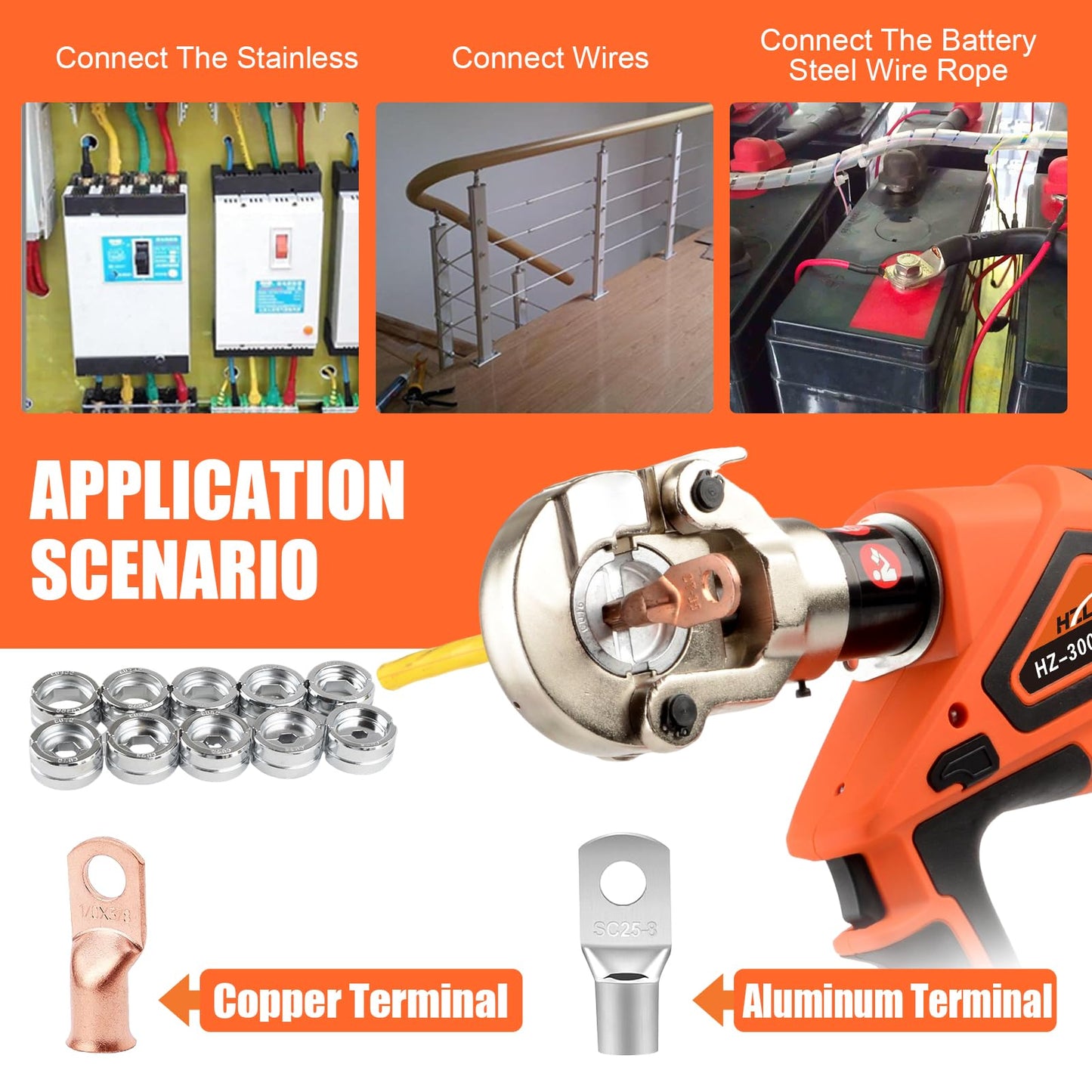 HZLZRZ 12 Ton Electric Hydraulic Crimper with Smart Chip Protection - Professional Battery Cable Lug Crimping Tool for Industrial Use, 8AWG-600MCM Copper Terminals, Rechargeable & Oil-Resistant