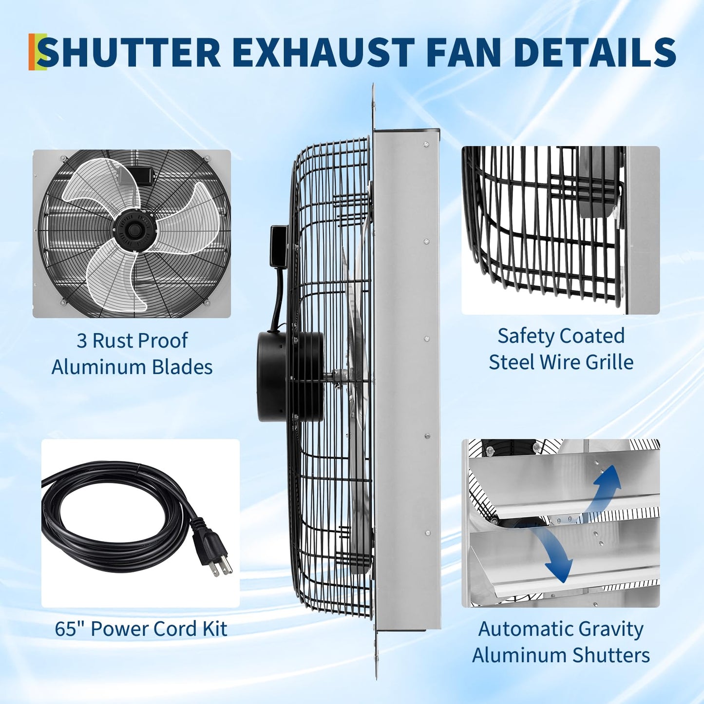 24" Wall Mounted Shutter Exhaust Fan with 5 ft Power Cord, 3500 CFM, 1500 RPM, Auto Shutters, Quiet & Powerful Ventilation for Garage, Attic, Greenhouse, Shed