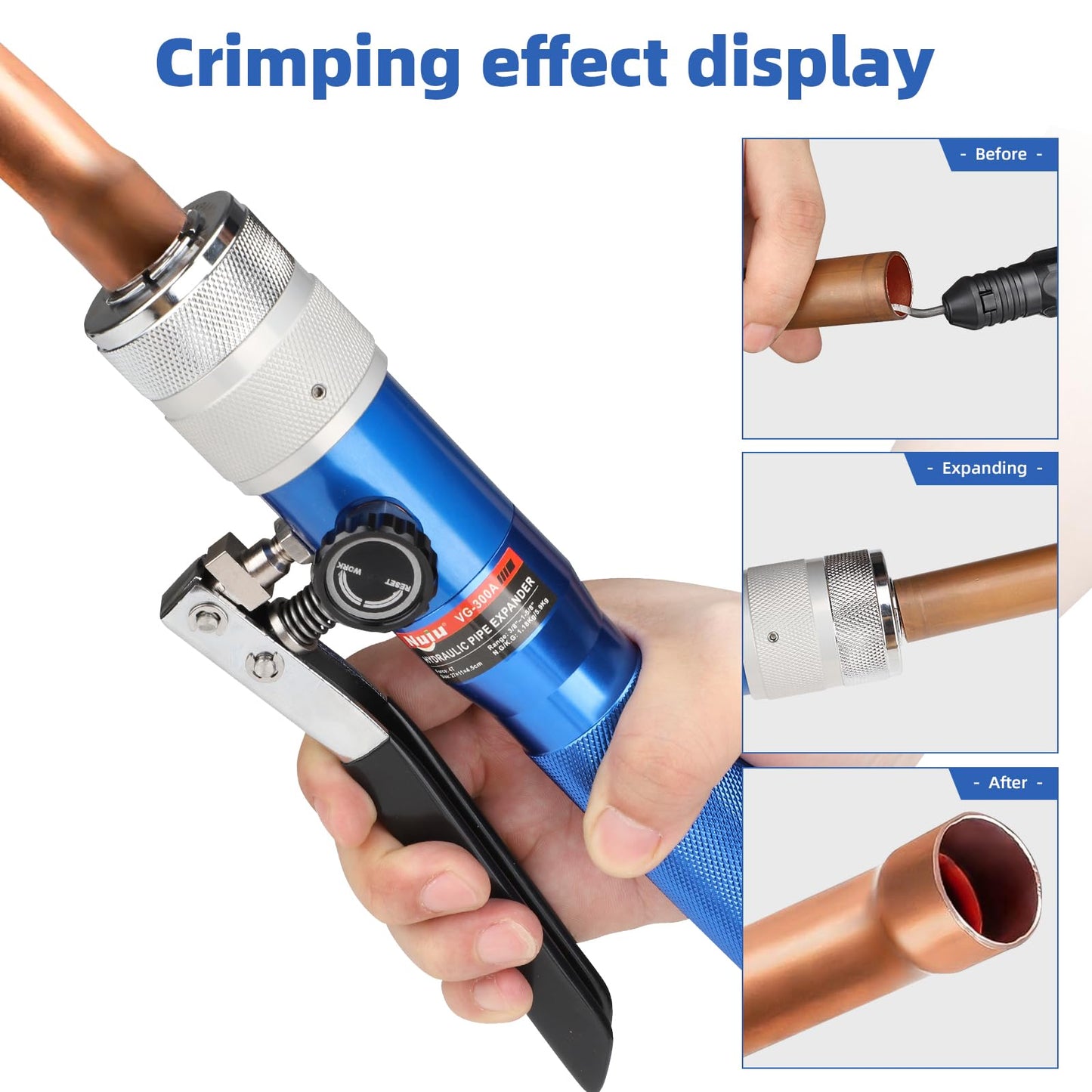 Nuiu VG-300A Hydraulic Pipe Expander Tool Kit, 4T Crimping Pressure with 11 Expansion Dies (3/8" to 1-5/8"), Aluminum Alloy Body for Plumbing, HVAC Copper Tube Fitting