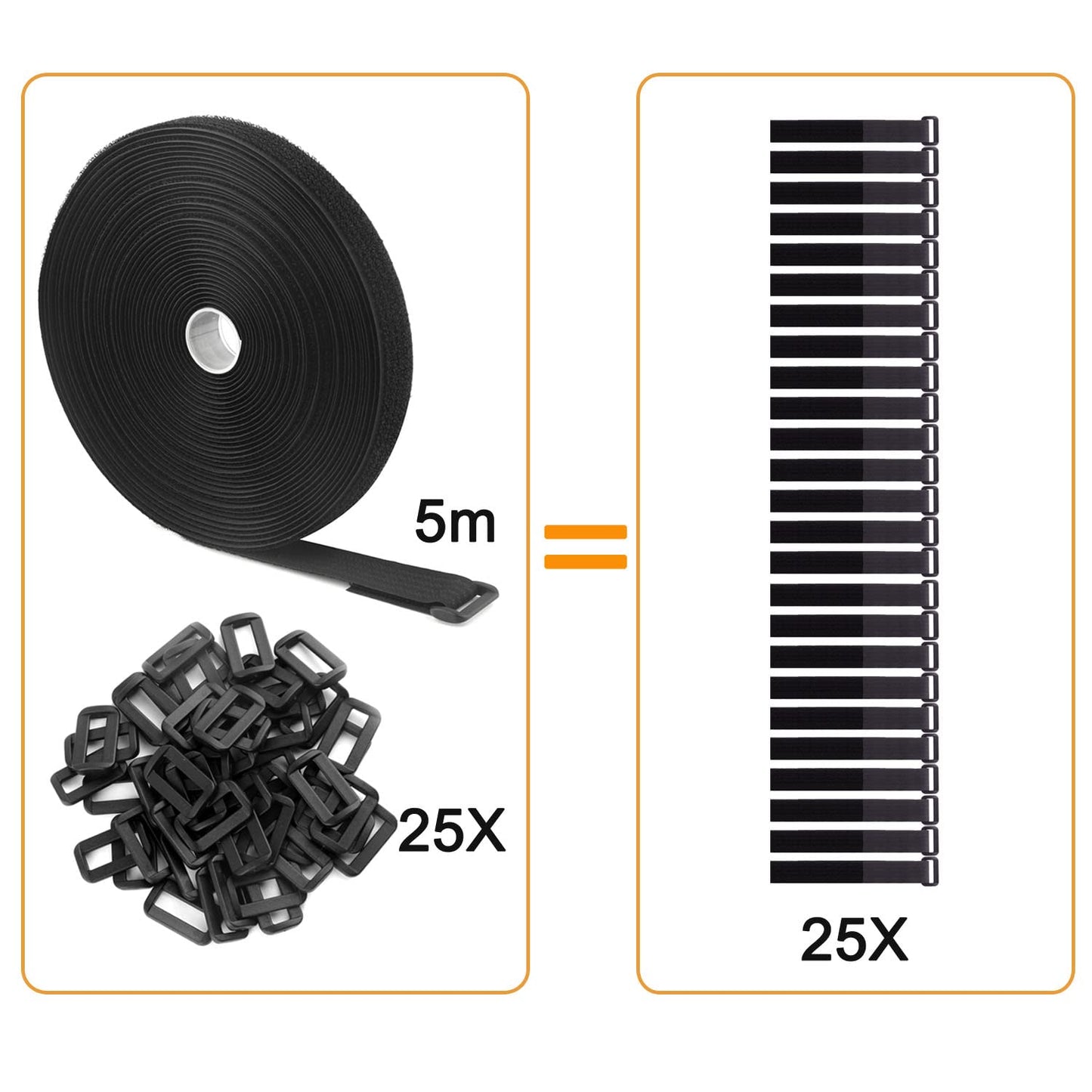 WSZJINB 16Ft x 1In Adjustable Cable Straps with 25 Buckles, Free Cut Length, Black Reusable Fastening Cable Ties, Hook and Loop Securing Strap for Cable Tidy, Wire Management, Cord Organiser, Black