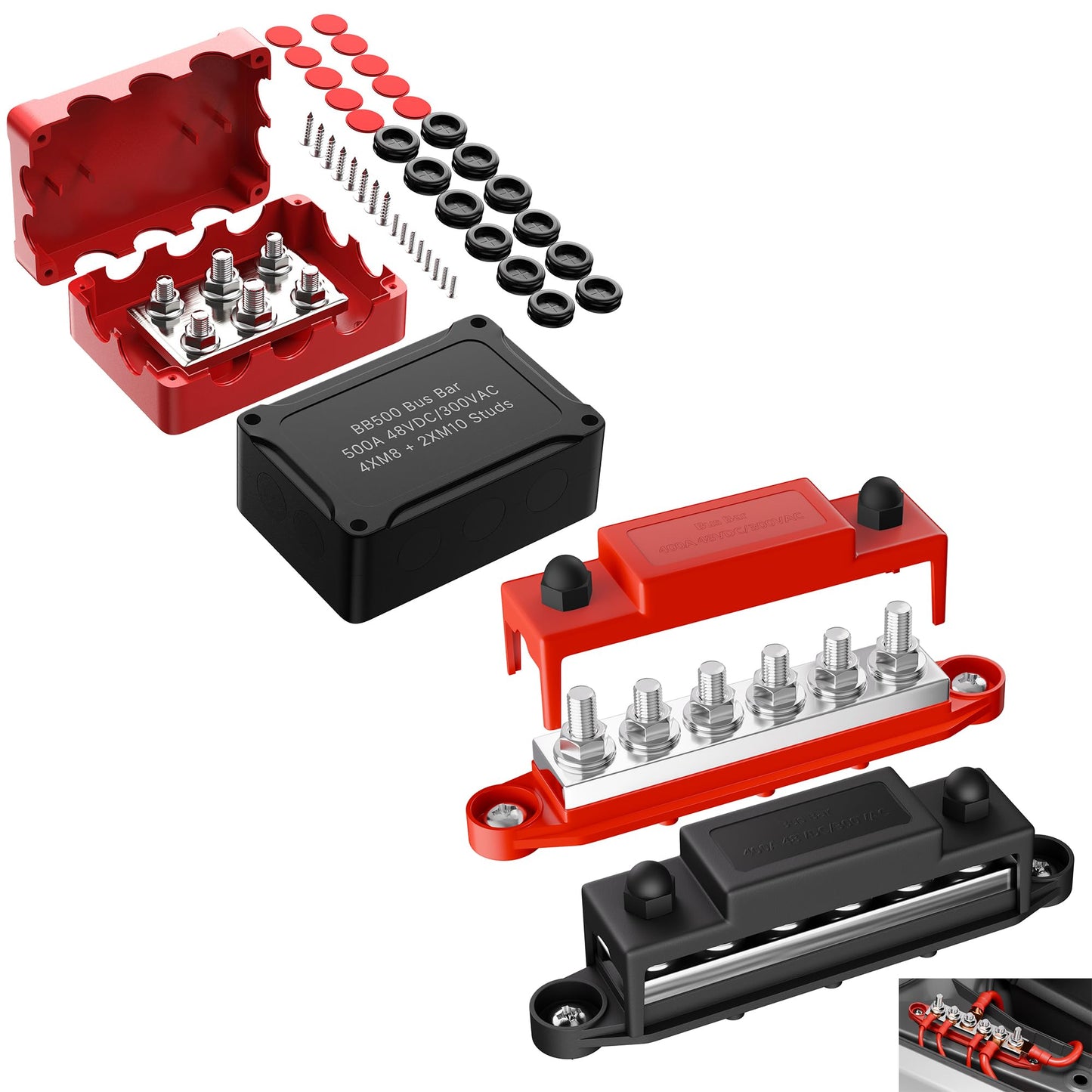 Joinfworld Heavy Duty 500A Bus Bar Waterproof Power Distribution Block with 4*5/16"(M8)+2*3/8"(M10) Studs + Bus Bar 400A 12V Power Distribution Block 6 x 5/16"(M8) Studs for Automotive, Car, Boat, Sol