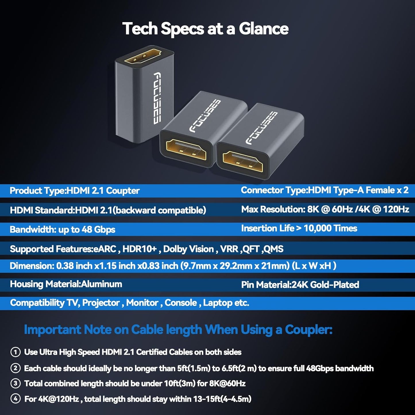 Forinces 3 Pack 8K 2.1 Focuses HDMI Female to Female Adapter, HDMI Coupler Extension Adapter, Extend Your HDMI Cables