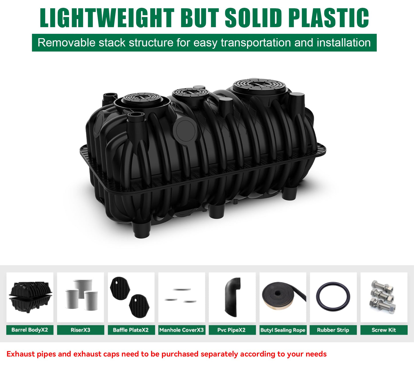 Natotela 264gal Underground Septic Tank Kit-68.3x38.8x36.2in Plastic Septic Tank System,Rectangle Anti Corrosion PP Septic System with Riser and Manhole Covers for 3-5 Persons