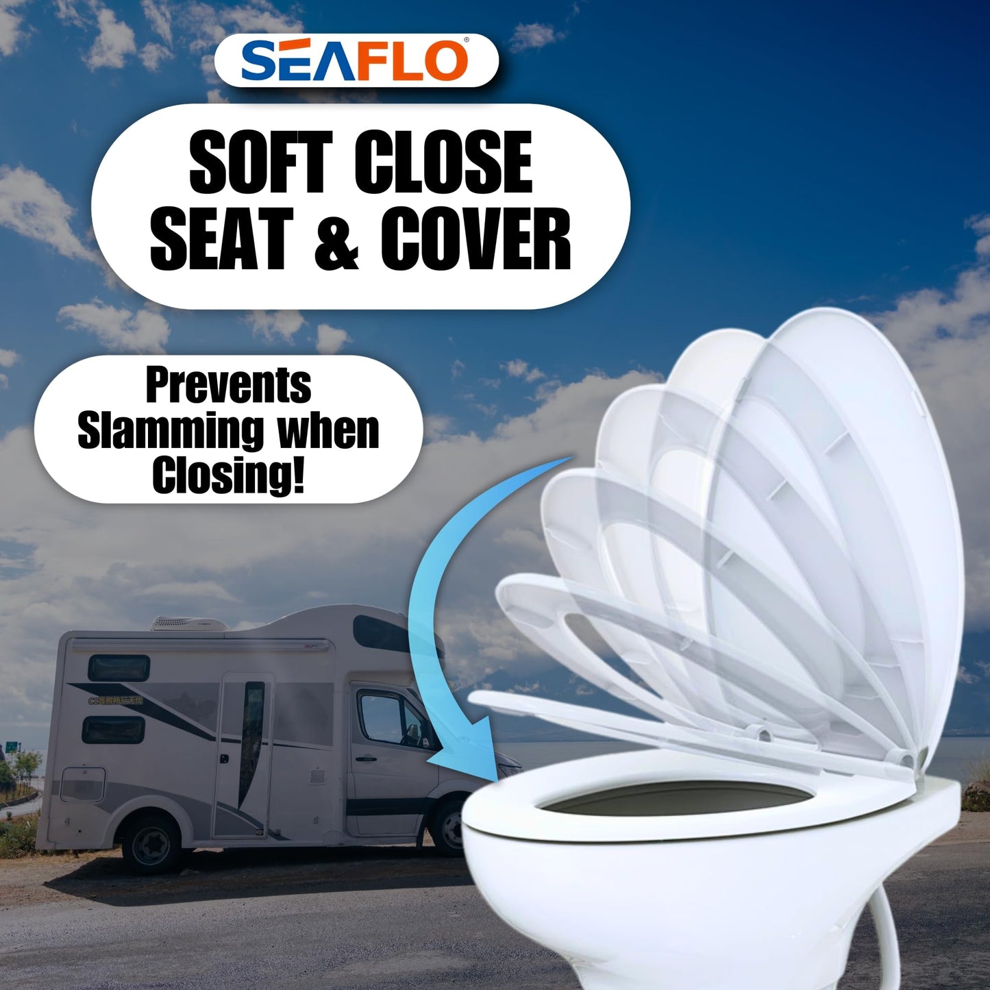 SEAFLO Porcelain RV Toilet with Elongated Bowl, 19” Residential Height, Gravity Flush, Foot Pedal Flush, Soft Close Seat, Easy Install, Camper Toilet, 4-Year Warranty, SFRTCH-02-01