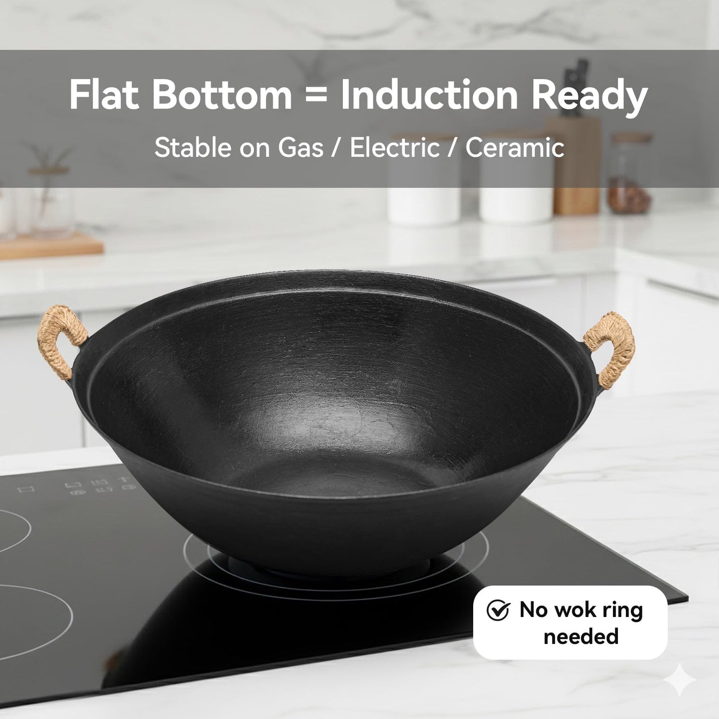 WANGYUANJI Cast Iron Wok Pan 14.9 inch Large SUGUO Wok Stir Fry Pan Flat Bottom with Dual Handle and Wooden Lid, Suitable for All Cooktops, Uncoated Chinese Traditional Wok