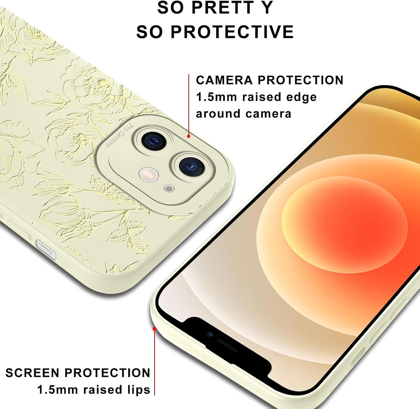 Aoldimu 12 6.1",Aesthetic 12,Beige Cute Flower Phone Case for iPhone Yellow Lines Floral Cases Girly Art Stylish Design