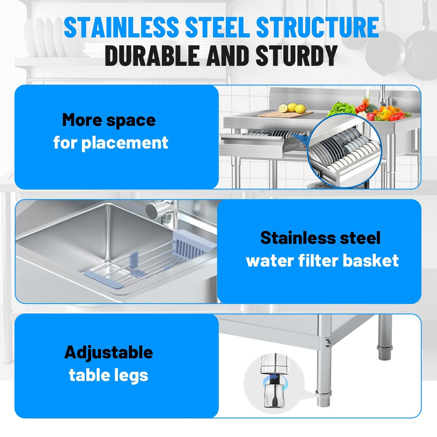 Stainless Steel Utility Sink, 39.5" × 23.6" Freestanding Sink with 360° Retractable Cold and Hot Water Faucet,Hoses and Drain Kit for Kitchens, Bathrooms, Garage, Laundry Room