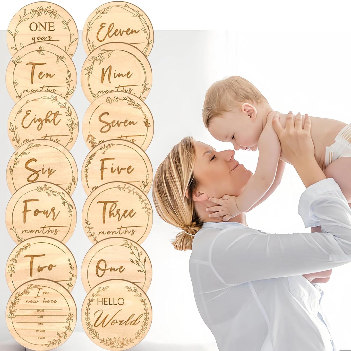 Sanyakti Signs-7 Sets Baby Monthly Milestone,Beautiful Baby Milestone Double Sided Marker Wooden Circles Discs Newborn