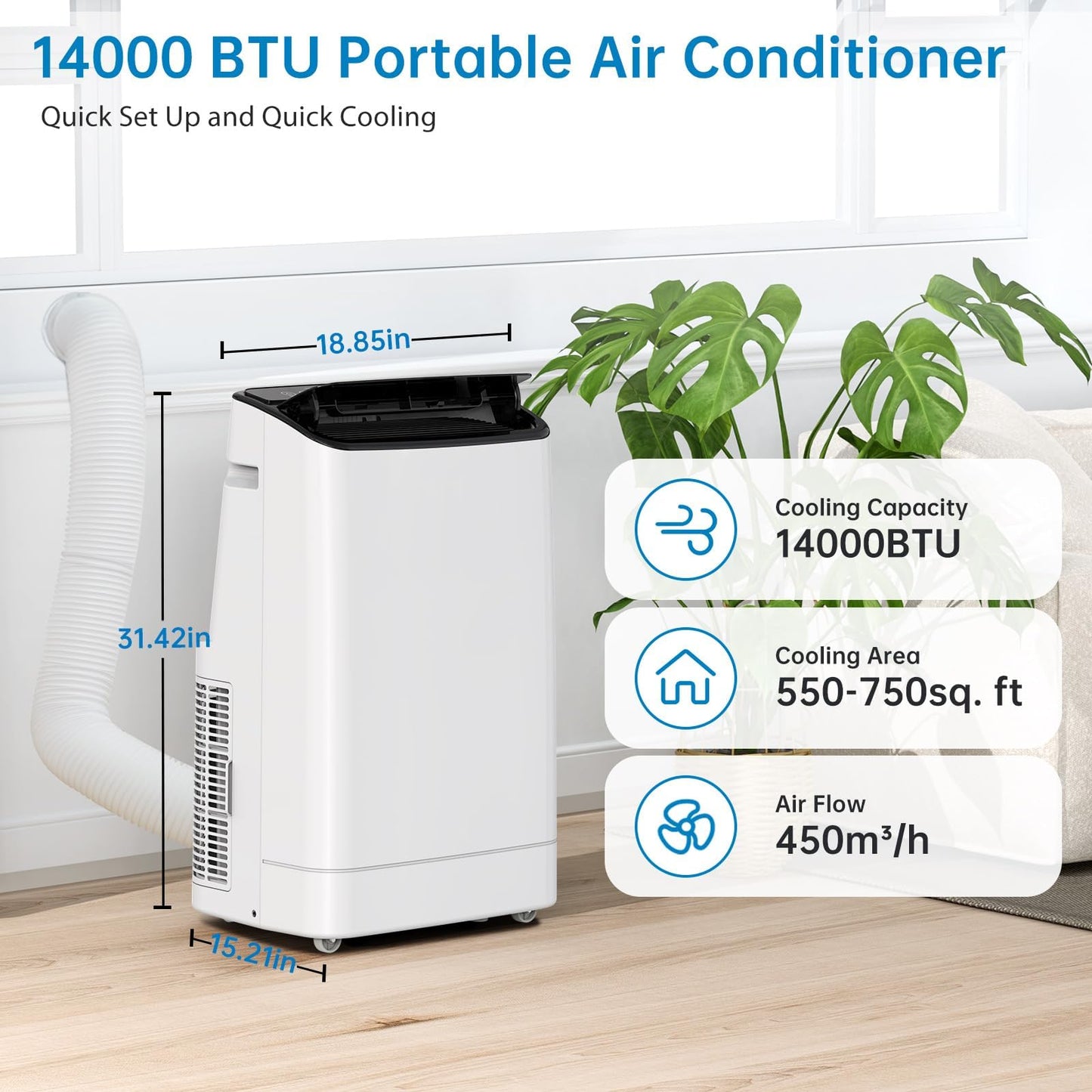 Portable Air Conditioner 14000 BTU ASHRAE (9300 BTU SACC), 3-in-1 Portable AC Fan Dehumidifier with Follow Me Remote, Quiet Mobile Air Conditioner for Bedroom, Living Room, Office, Rooms up to 700 Sq