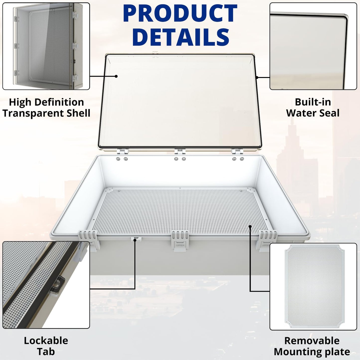 MAKERELE Extra Large Outdoor Electrical Box Waterproof IP67 large Junction Box 2 NPT 1”Glands and Adjustable Clamp*2 Hinged Cover Waterproof Clear Box (23.6"*19.7"*8.7")