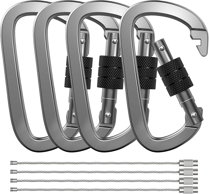 Premium Aluminum D Ring 4" Locking Carabiner Clips with Screw Gate, Set of 4, Lightweight & Durable for Hiking, Camping, Hammock, Dog Leash Harness, Keychains