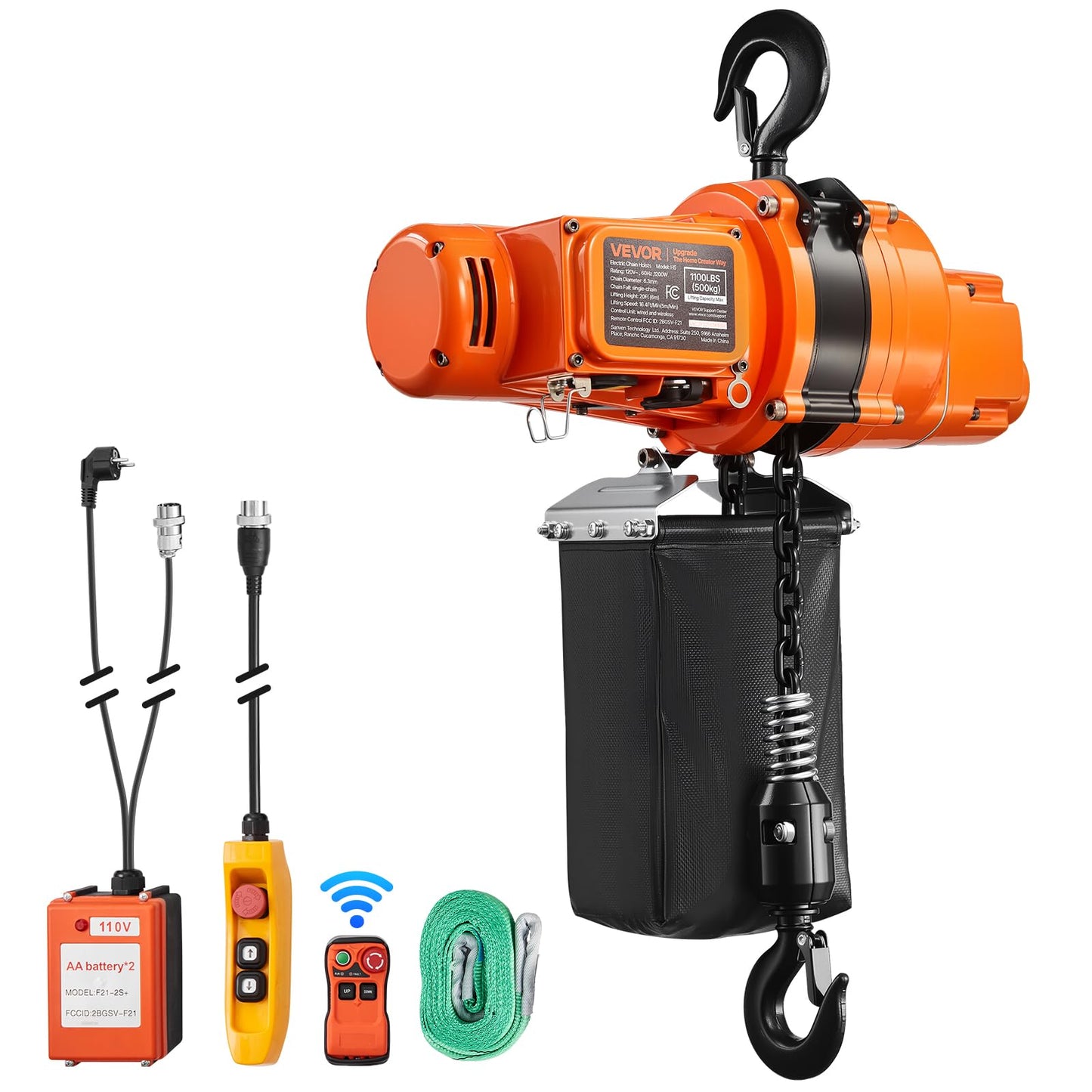 VEVOR 1100 lbs Electric Chain Hoist, 20ft Lifting Height, 120V 60Hz Single Phase Overhead Crane w/ 328ft Wireless & 15ft Wired Remote Control, Power Electric Hoist for Factories, Warehouses, Garages