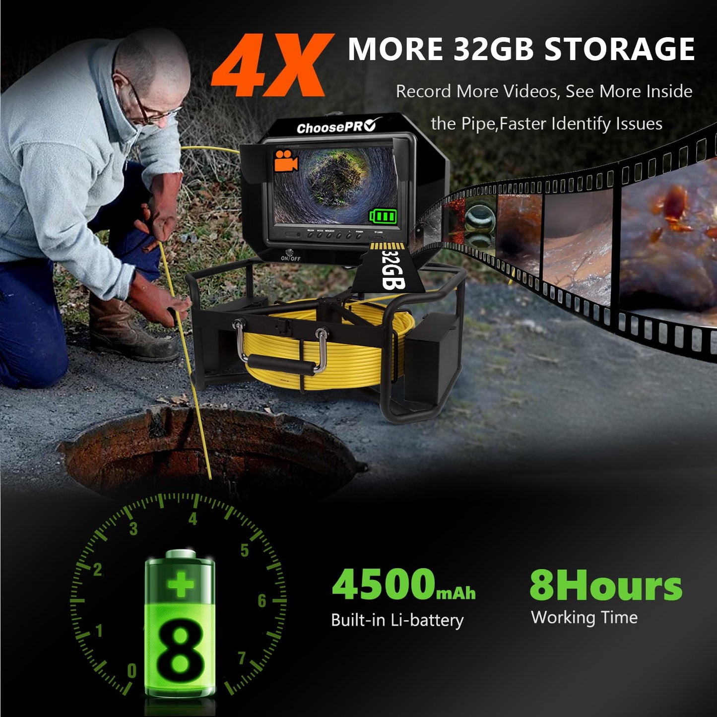 𝟐𝟎𝟐𝟔 𝐧𝐞𝐰 9” Sewer Camera, HD 1080P w/DVR-32GB, [All-in-One Design with Magnetic Box] Drain Pipe Inspection Camera, [One Big Screw Unlock] Sewer Pipe Cam, 4500mAh, Cable Markers, 100ft/30m