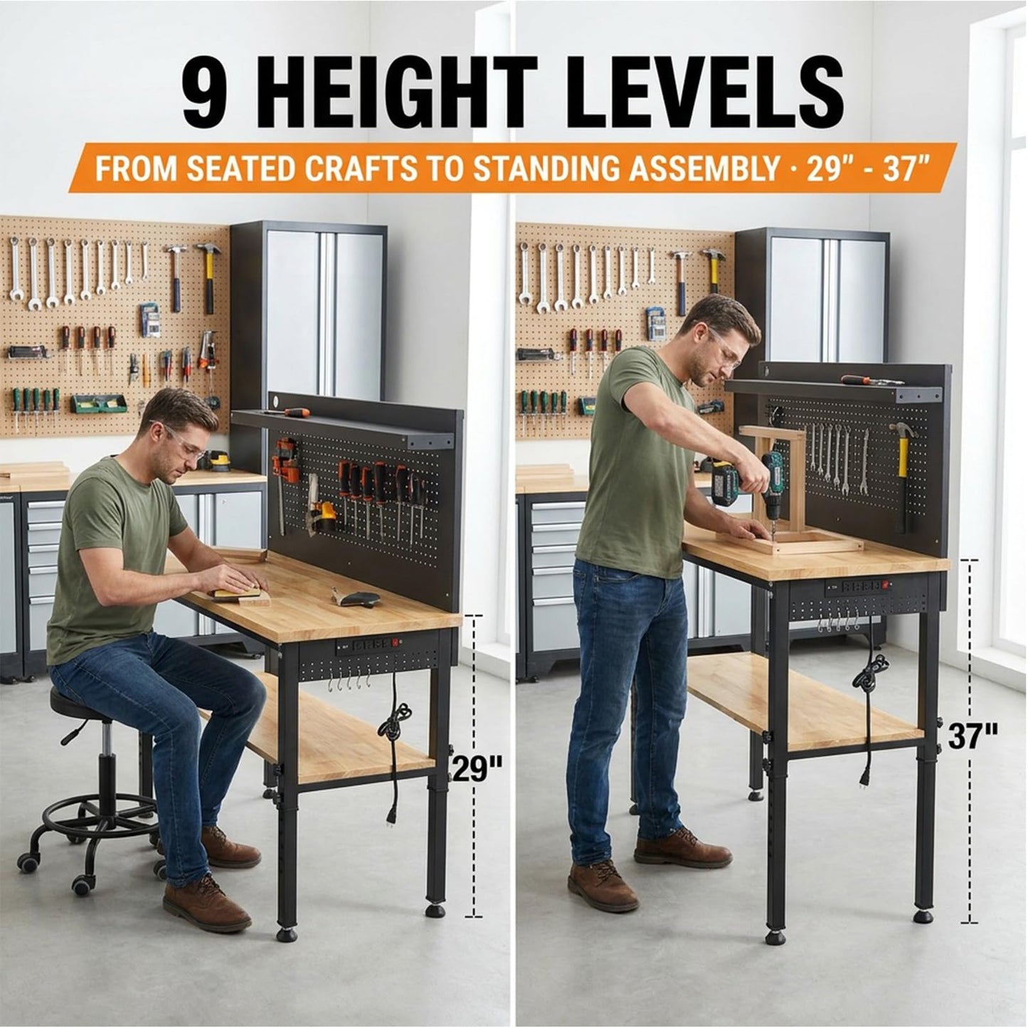 60'' Adjustable Workbench with Storage Shelf & Pegboard – Max Load 2000 LBS, Heavy Duty Rubber Wood Tabletop Tool Bench with AC/USB Outlet, Garage Organization, Work Benches for Workshop, Office