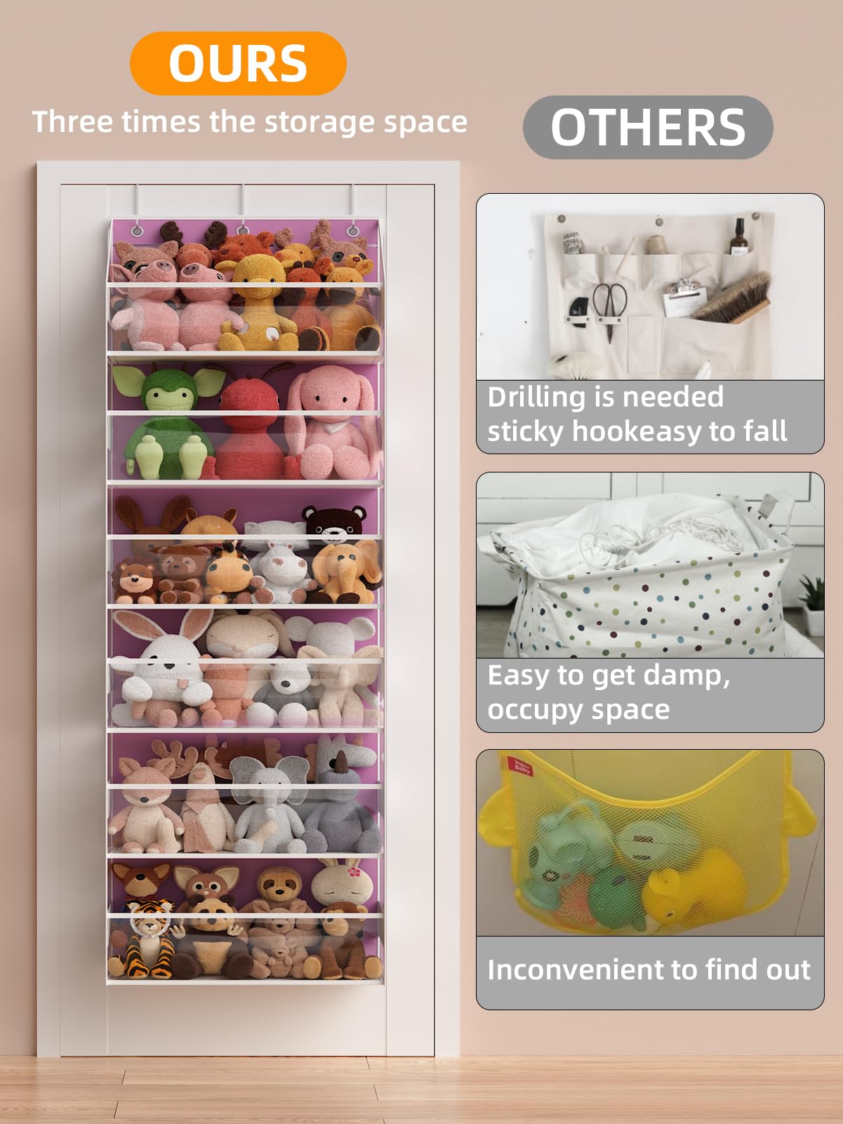 Wakaye Over the Door Organizes- 6 Tier Stuffed Animal Storage, Bathroom Organizers and Storage, Swing-proof Hanging Organizer for Toys/Nursery Newborn Baby Essential Stuff (Clear-pink)