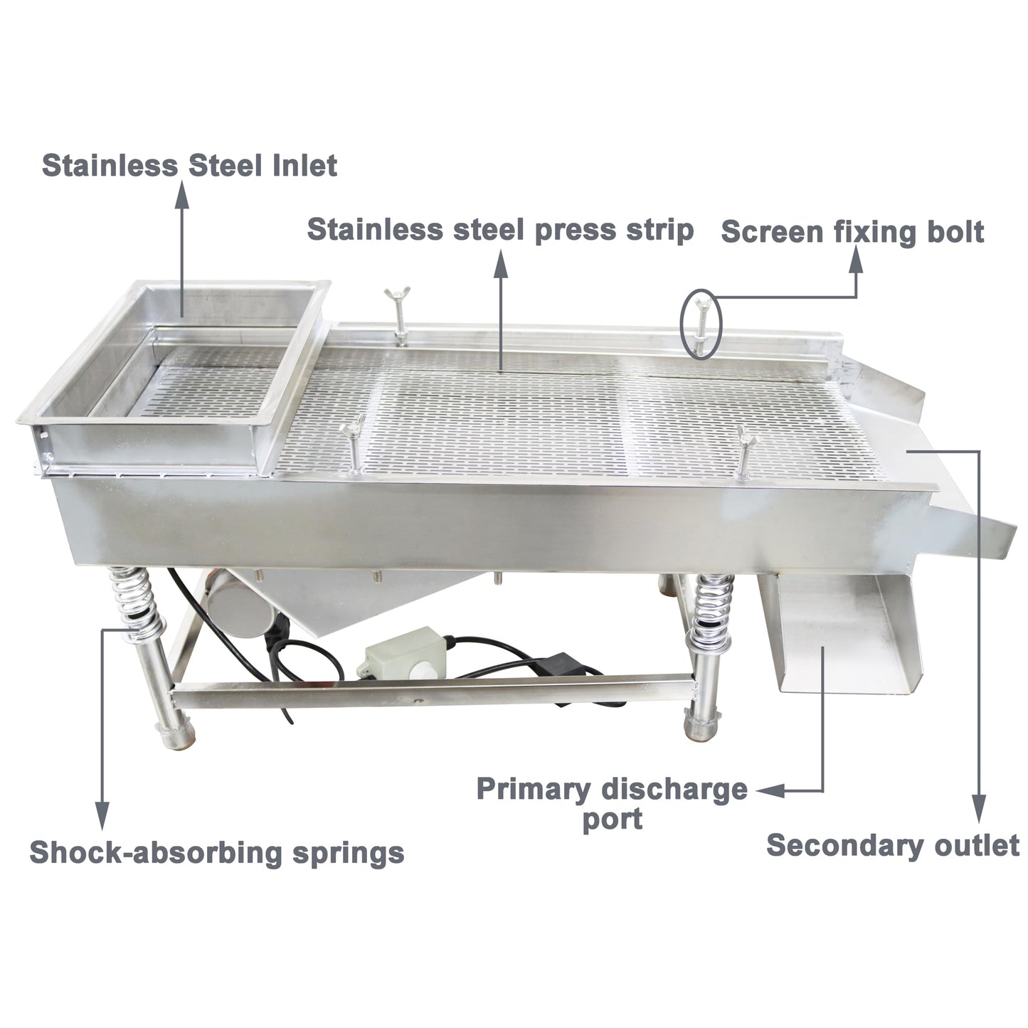 TECHTONGDA Straight Vibrating Sieve Screen Shaker Electric Linear Sifter Machine Stainless Steel One Layer One Motor 11.8 * 29.5inch Screen Size with 3 * 20mm Long Strip Hole Mesh 110V