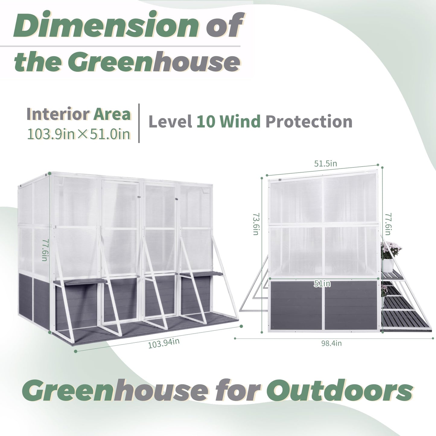 KEIKI Outdoor Polycarbonate Greenhouse Wooden Lean to Greenhouses, Heavy Duty Walk-in Green House w/ Triangular Support, Adjustable Roof & Shelves, Large Hot House for Sunroom Storage Shed, Garden