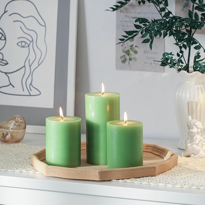 3x6 Inch Green Pillar Candles Set of 3 - Decorative Unscented Pillar Candle, Long Burning Dripless Candle for Table Decor, Smokeless Large Pillar Candles for Wedding Table Decor
