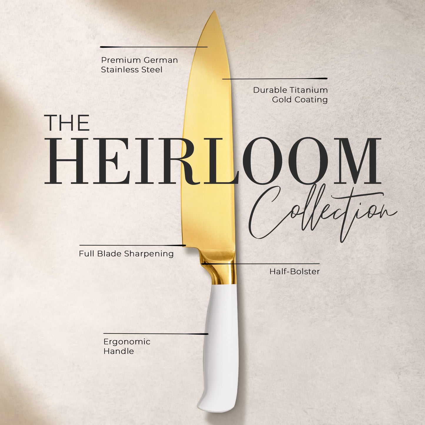 STYLED SETTINGS White and Gold Knife – Stainless Steel Chef Knife with Gold Titanium Coating, Precision German Stainless Steel Blade – Luxury Kitchen Accessories - Ideal Cooking Gift