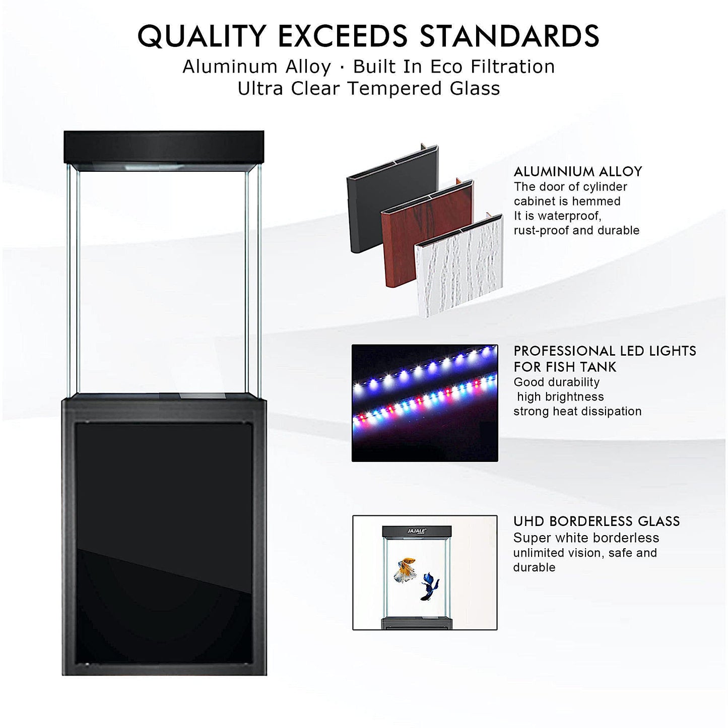 JAJALE 40 Gallon Glass Aquarium with Aluminum Cabinet - Including Sump for Filtration and Circulation, Plumbing, LED, Black