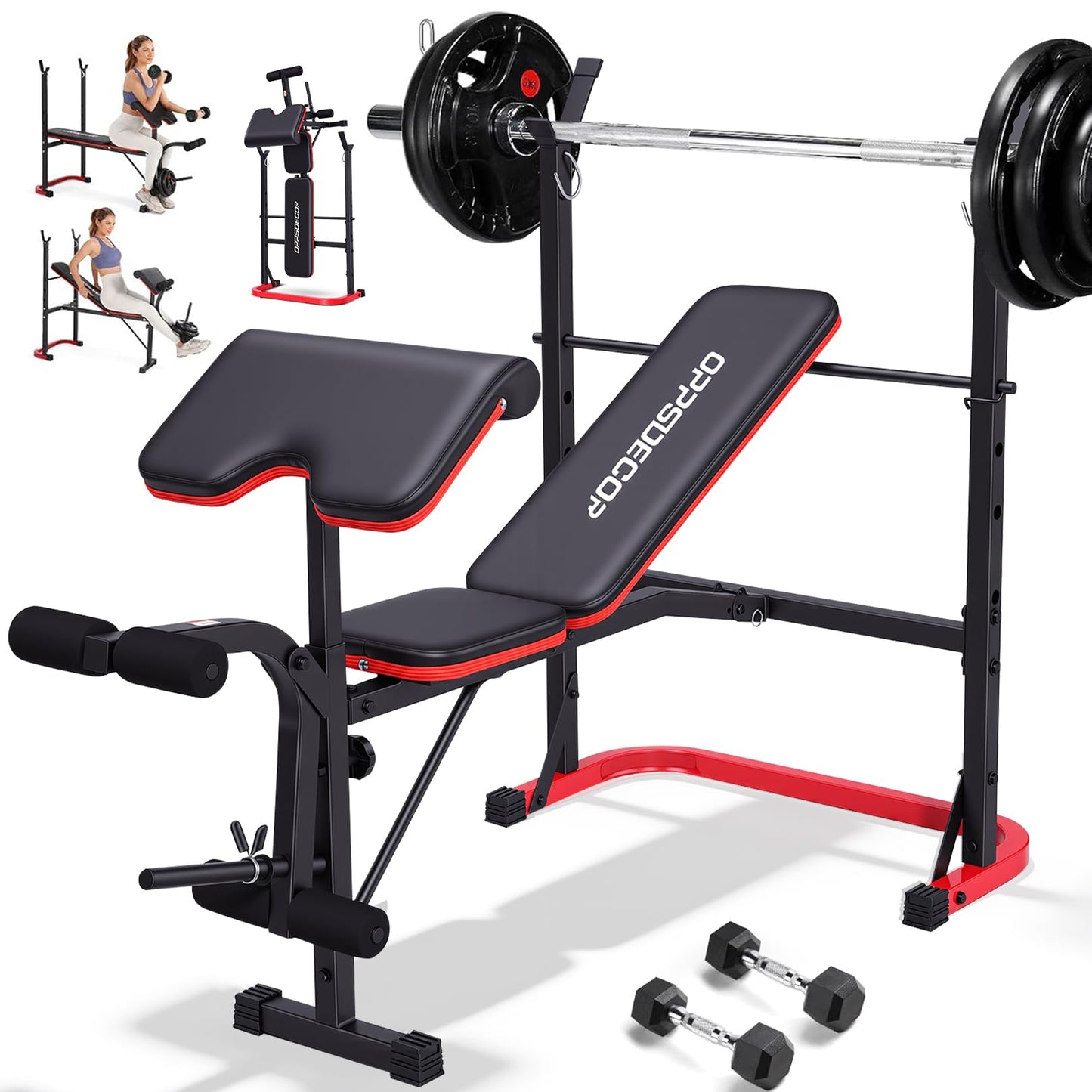 OPPSDECOR 661LBS Weight Bench Set, 8 in 1 Adjustable Bench Press with Squat Rack Leg Extension & Leg Curl Foldable Workout Bench with Safety Bar Catches Standard Weight Training Benches for Home Gym (Black)