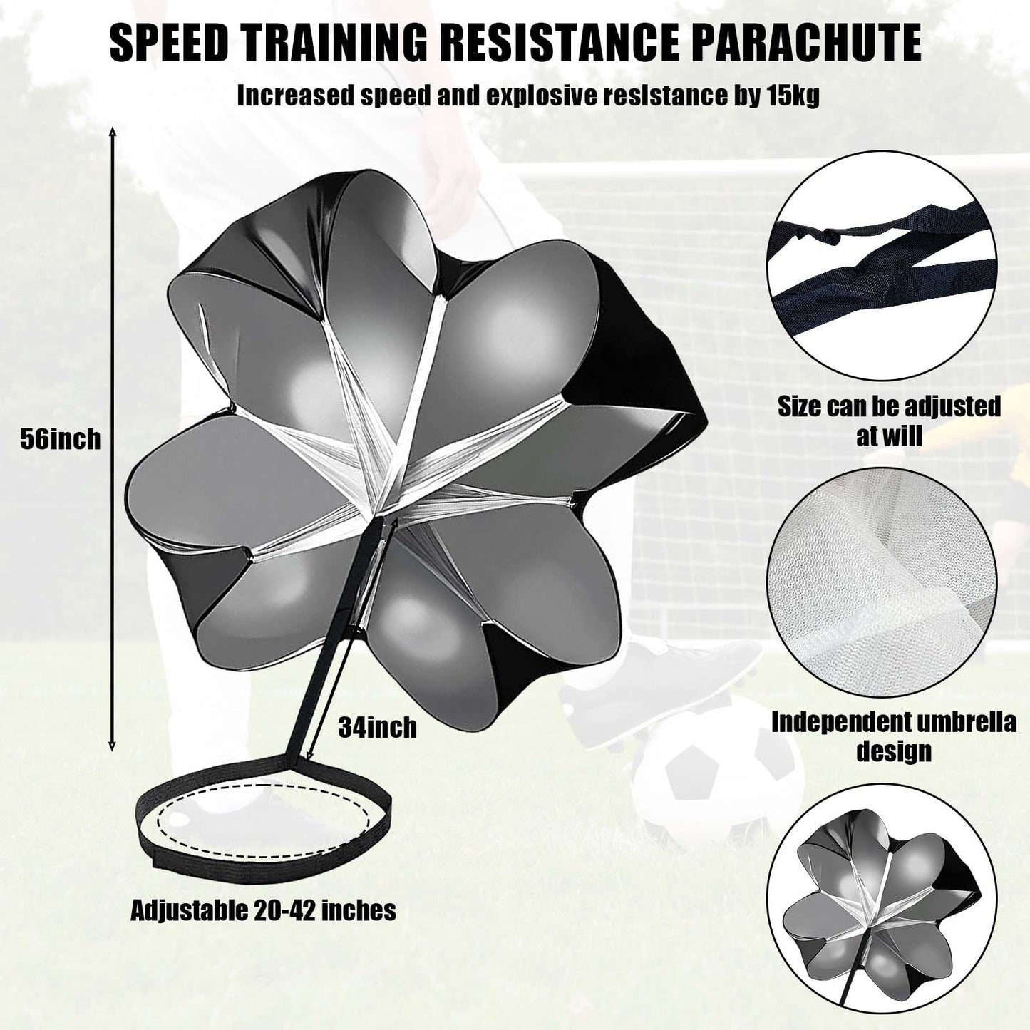 GRSECPO Running Speed Training, 56 inch Speed Drills Resistance Parachute Running Sprint Chute Soccer Football Sport Speed Training (Black)