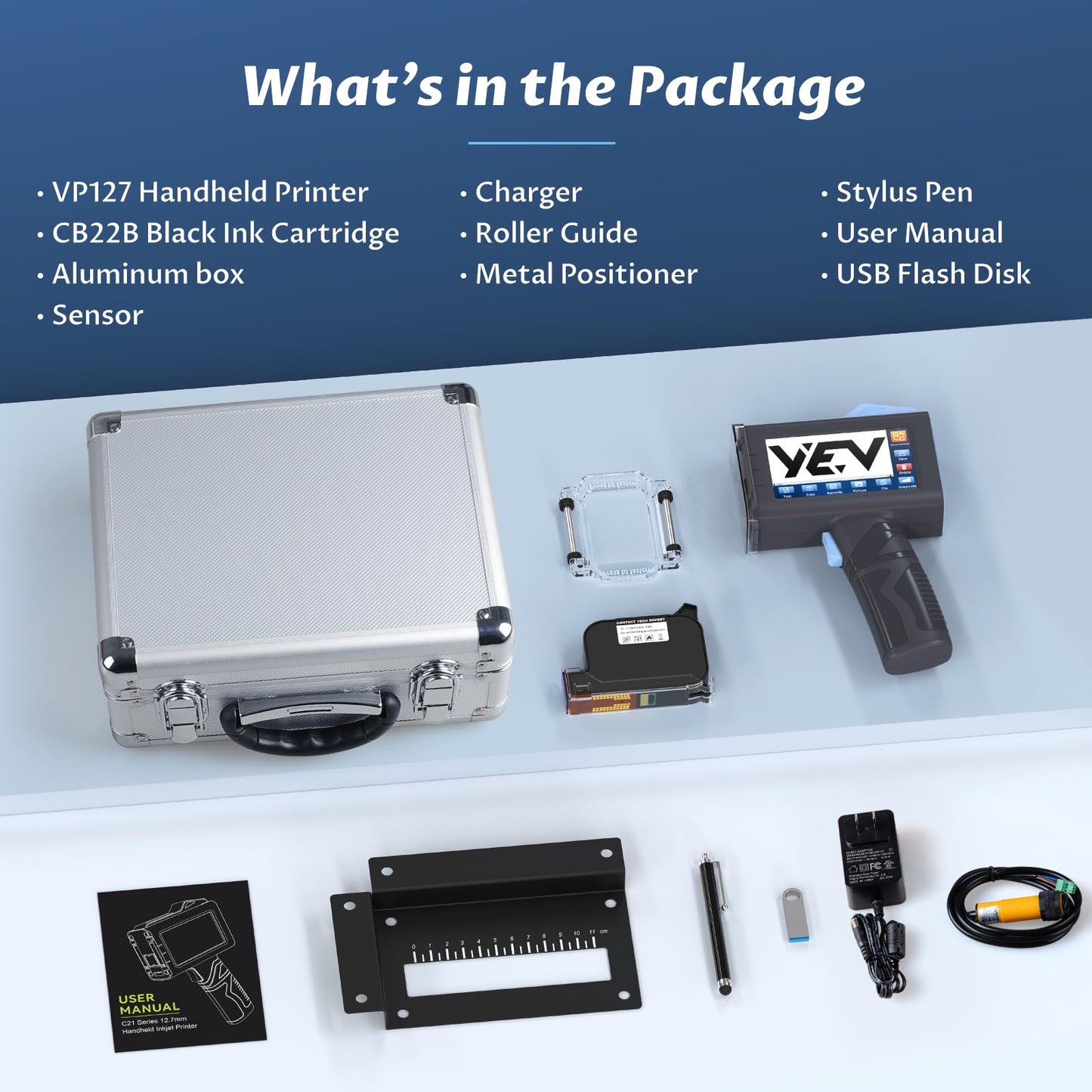 YEV Handheld Inkiet Printer VP127 Upgraded Enhanced 16-Hour Continuous Printing with Photoelectric Sensor for Batch Numbers, Logos, Serial Numbers, Barcodes, and QR Codes on Various Materials (Blue)