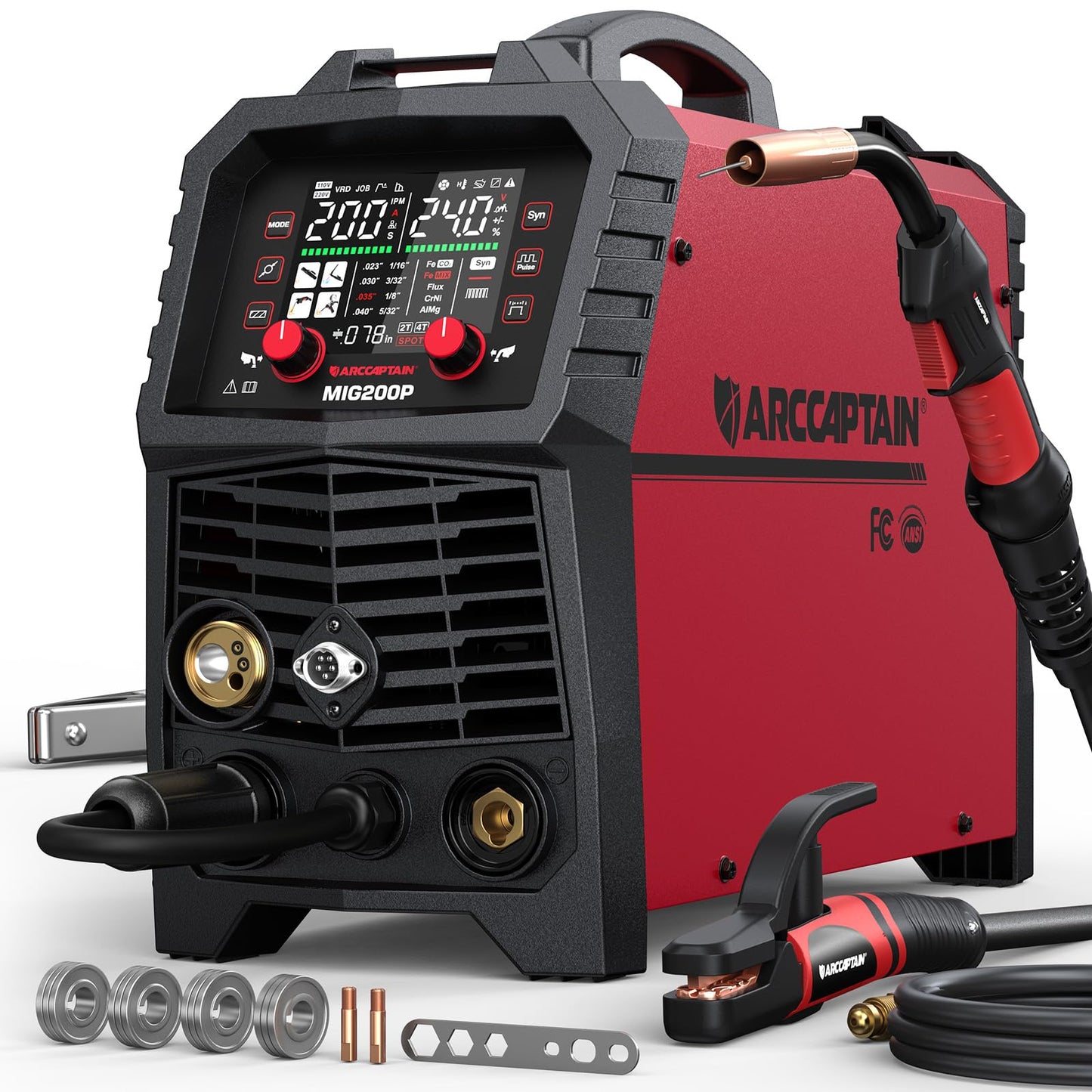 ARCCAPTAIN Pulse MIG Welder, 200A 7 In 1 Pulse MIG/Gas MIG/Flux Core MIG/Stick/Lift TIG/Spot Welding/Spool Gun 110V 220V Aluminum Welding Thin Sheet Metal Welding Machine with LED Digital Display