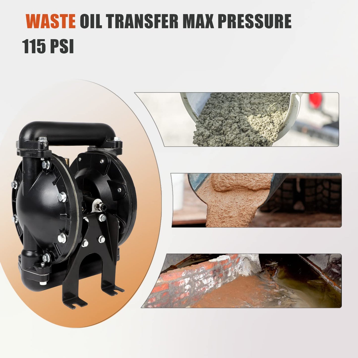 GCCSJ Air Operated Double Diaphragm Pump 1 inch Inlet/Outlet Pneumatic Chemical QBY4-25L 31 GPM Dual Diaphram Polypropylene Nitrile Rubber by Stainless Steel Iron 115 PSI