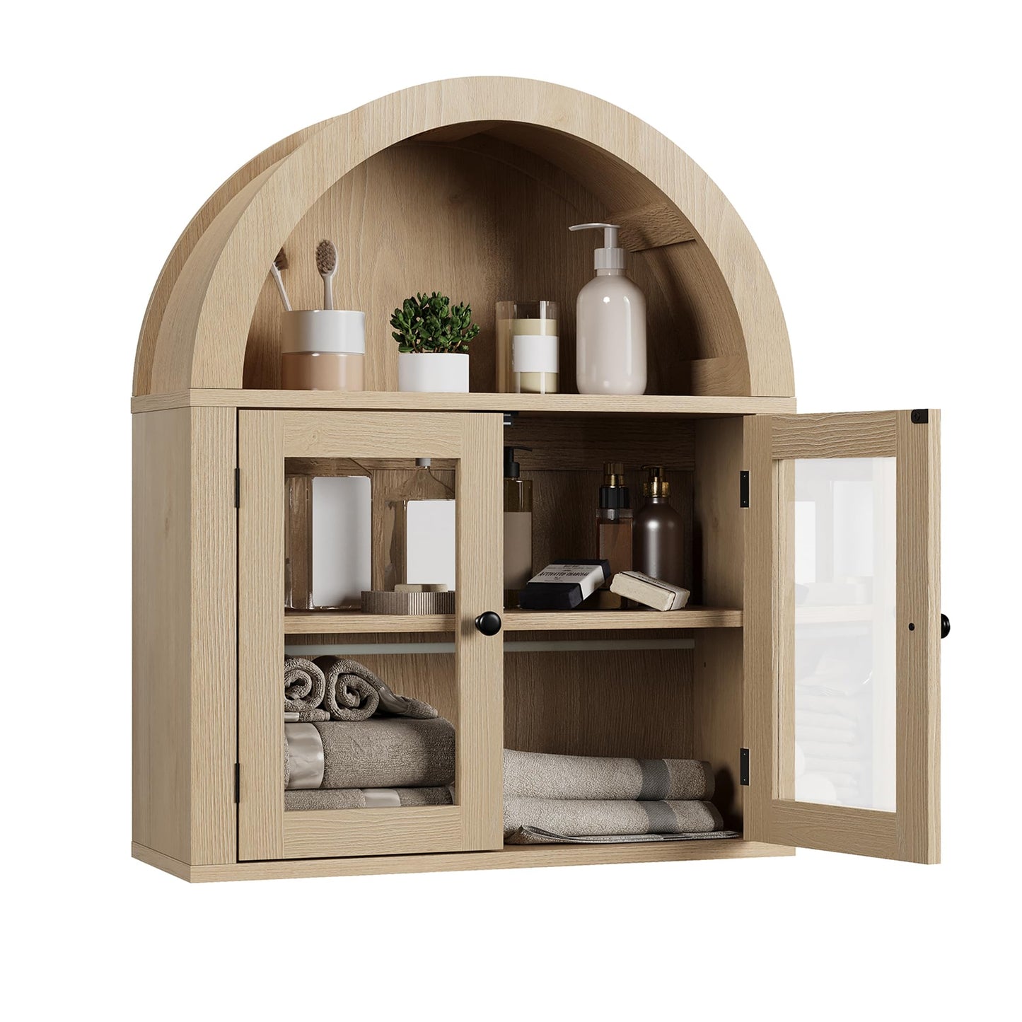 ChooChoo Arched Wall Cabinet with Acrylic Doors, Bathroom Cabinet Wall Mount Over The Toilet with Display Shelf, Wooden Storage Cabinet for Kitchen, Living Room or Entryway, Natural