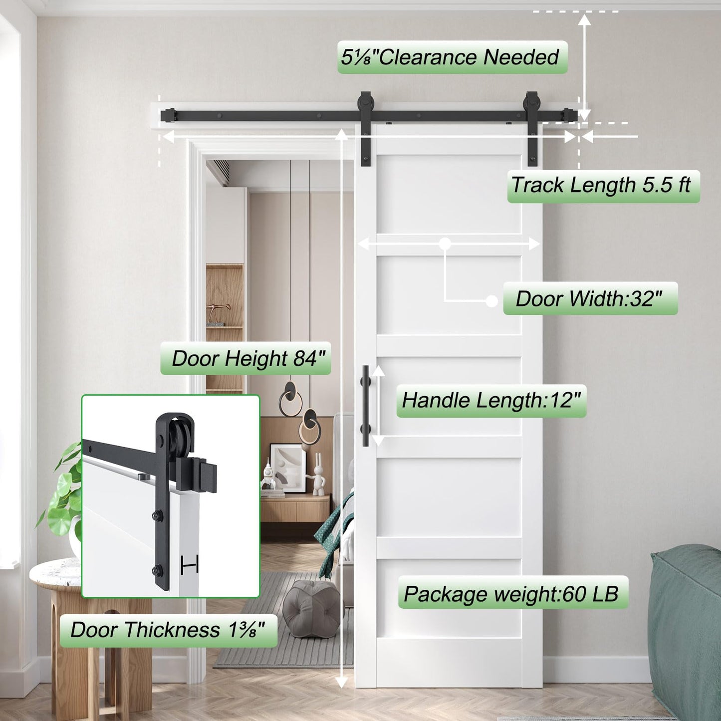 Fredbeck 30x84 inch White Barn Door with 5.5FT Sliding Door Hardware Kit Included & Handle,Solid,MDF, PVC Surface,DIY Assembly,5-Panel,Fit 27in-28in Opening