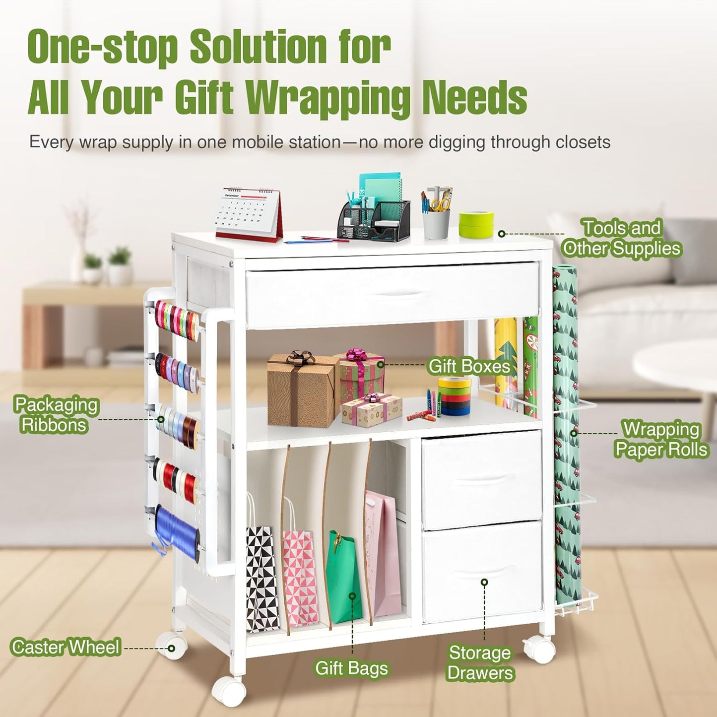 Vikua Gift Wrapping Cart - 3-Tier Portable Station with Ribbon & Bag Storage | Perfect for Christmas