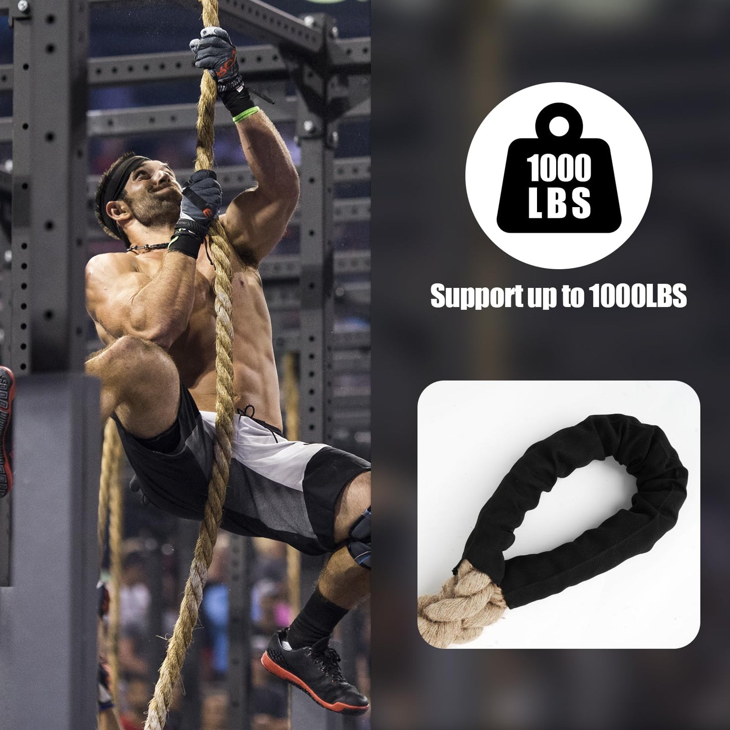 XBEN 1.5 Inch Jute Climbing Rope 20FT - 550 LBS Heavy Duty Workout Rope for Gym, Fitness, Tree Swing, Obstacle Course, Heat-Shrink Caps & Natural Non-Slip Grip