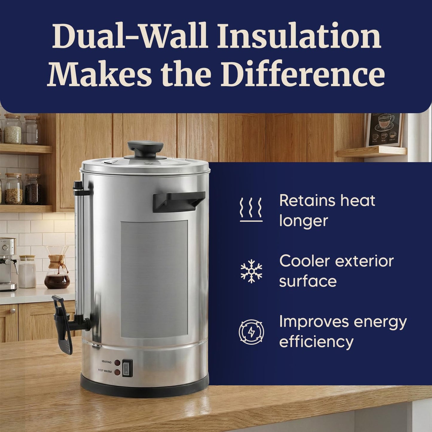 Elite Gourmet 100-Cup Commercial Coffee Urn & Hot Water Boiler – Dual-Wall Insulated, Tested to Keep Coffee Hot for 24 Hours, Dripless Faucet, Stainless Steel for Offices, Churches & Catering