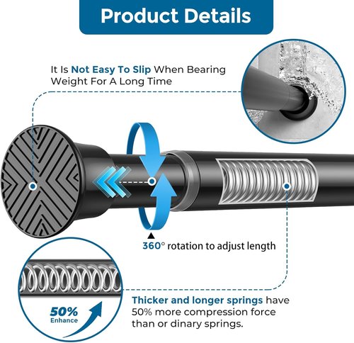 AIZESI Tension Rod - Adjustable Spring Curtain Rod 24 to 46 Inch | No Drilling, Black Finish for Windows & Doorways