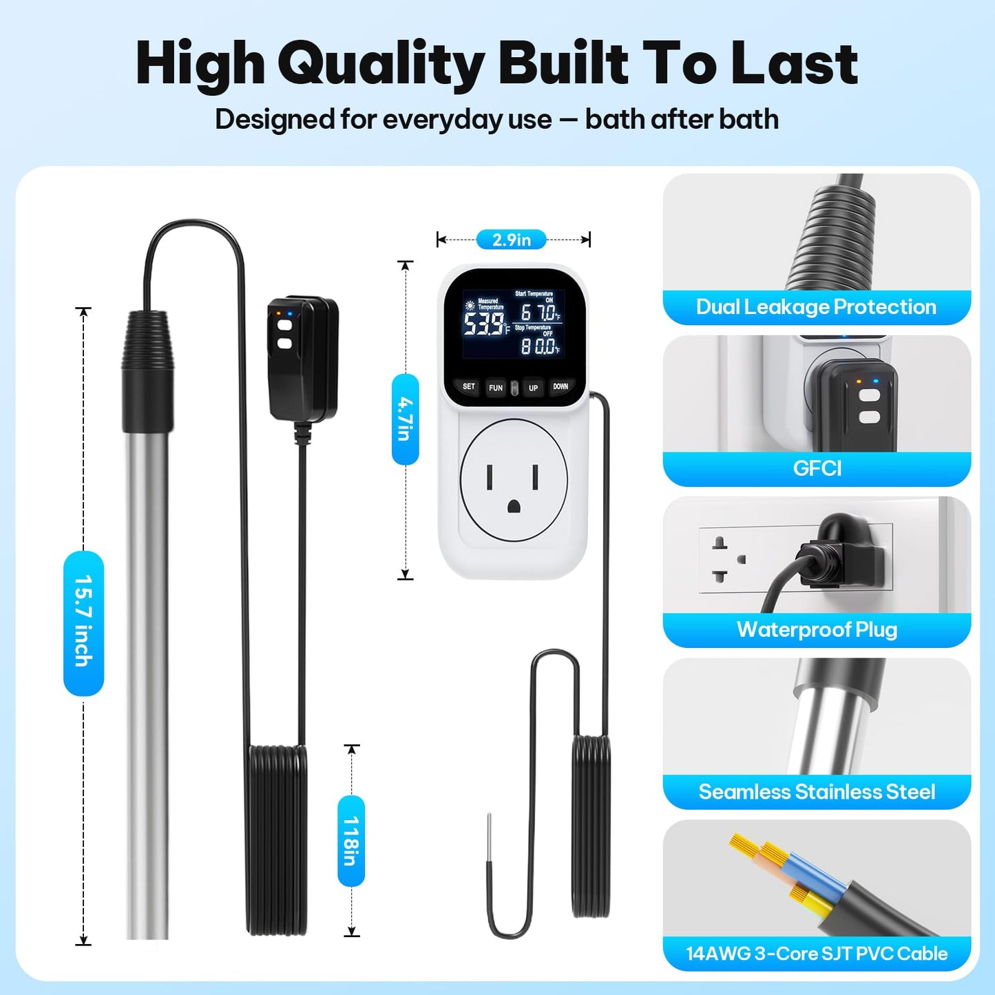 1800w Immersion Heater,Portable Bathtub Heater with GFCI& Thermostat, Digital Temp Control, Fast Heating Stainless Steel Submersible Water Heater for Small Pools,Spa,Bathtubs, Buckets,Tank,Outdoor