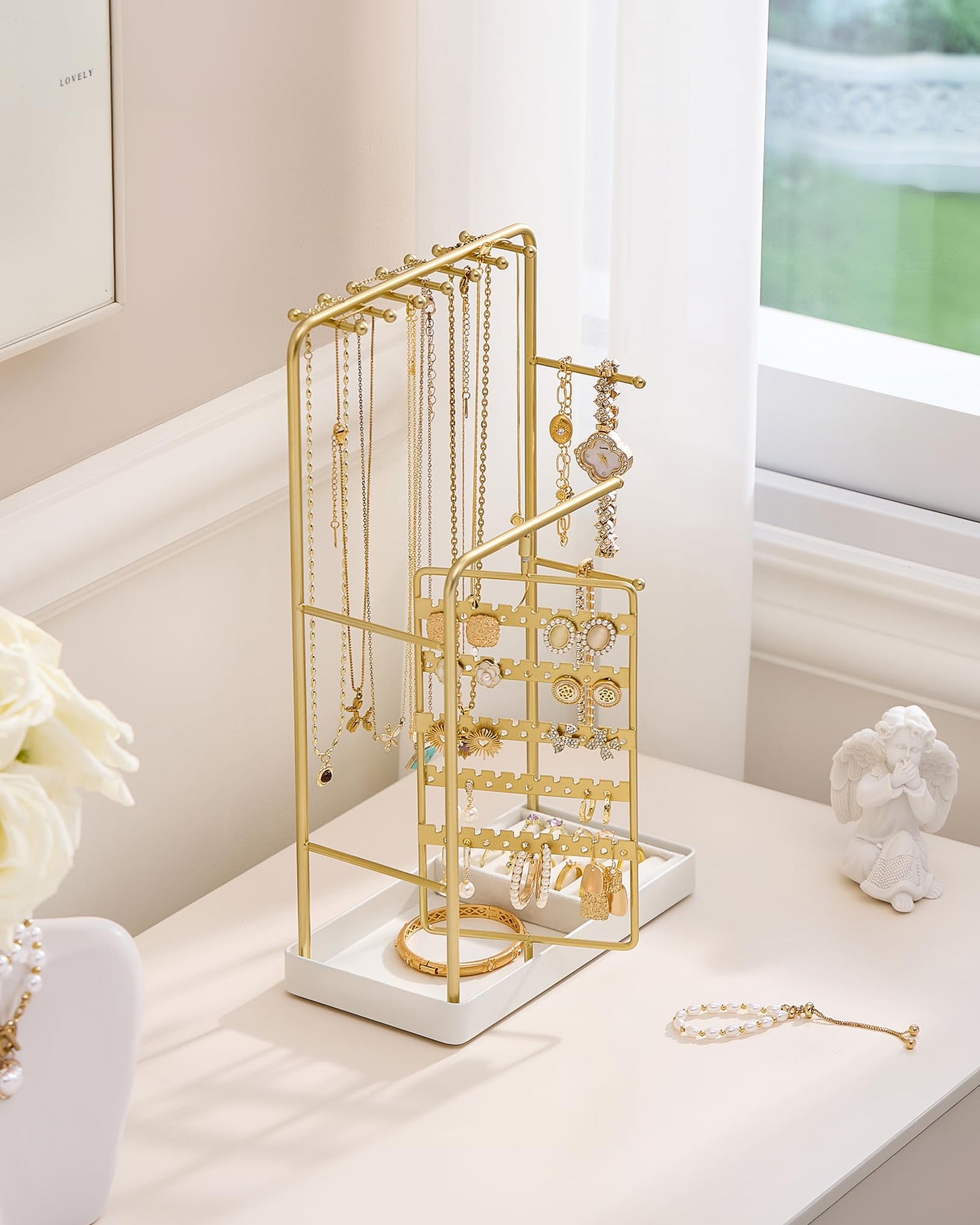 ProCase Jewelry Stand Holder Organizer, Jewelry Display Storage with Ring Tray, Rotating Earring Bracelet Necklace Holder, Valentine's Gifts Room Dorm Decor for Teen Girls -Gold (No-Assembly)