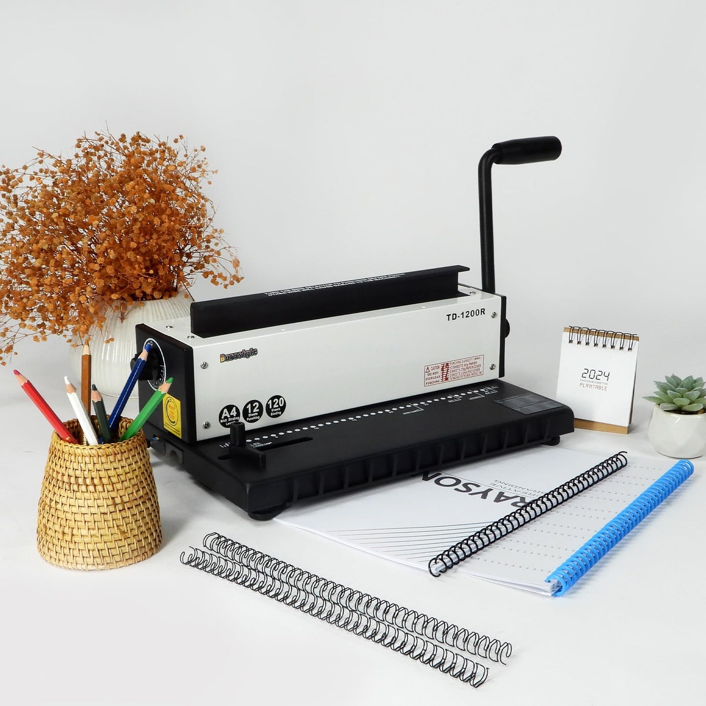 Burostyle TD-1200R Binding Machine, 3:1 Pitch Wire Binding Machine, 34 Round Holes, Punch 12 Sheets/Bind 120 Sheets with Sturdy Metal Construction