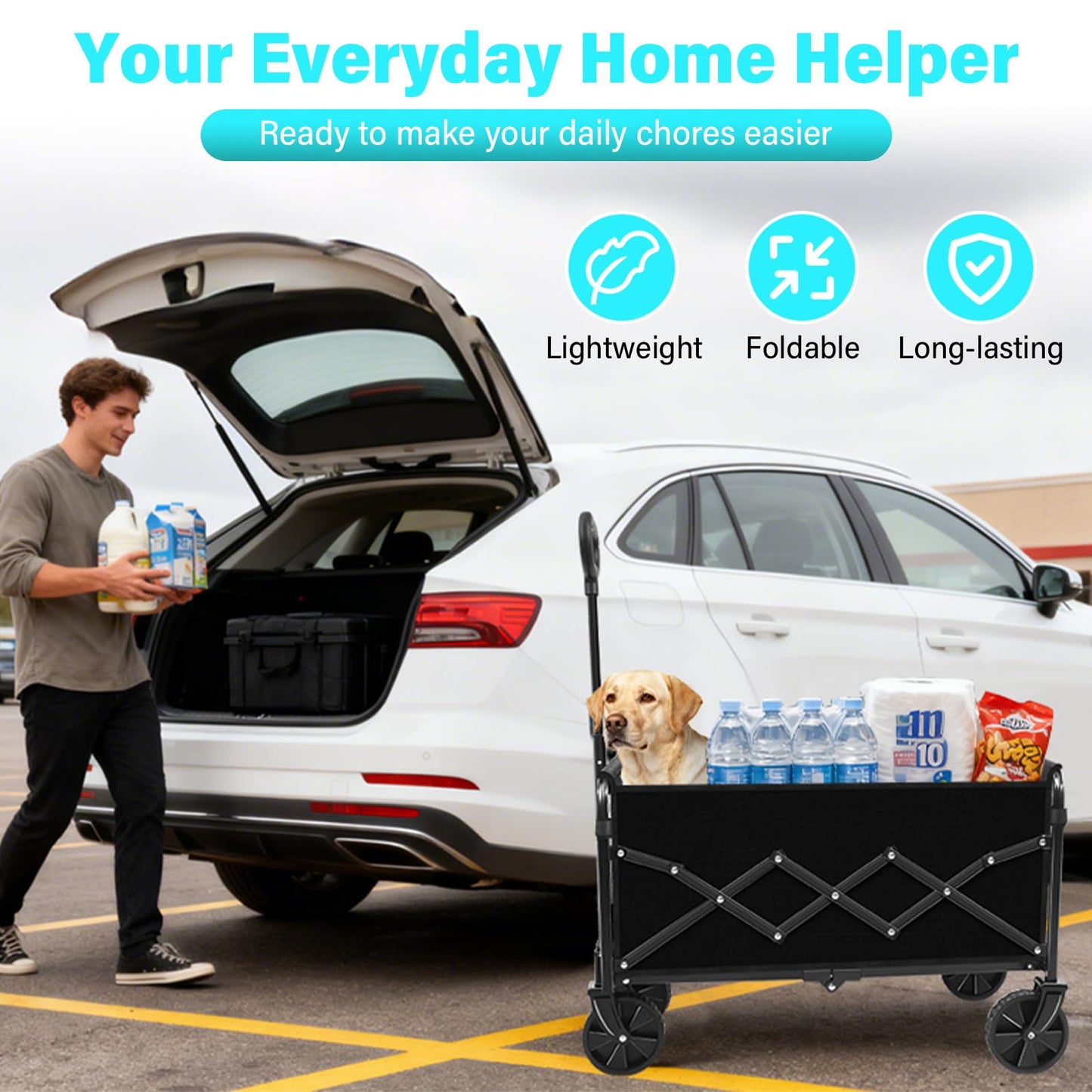 Wagons Carts Foldable, Collapsible Wagon with Wheels — Foldable Wagon for Groceries,Picnic,Beach,Camping, Small Hauls, Apartment Moving Storage, Portable Utility Folding Wagon Cart, 360lbs,Jet Black