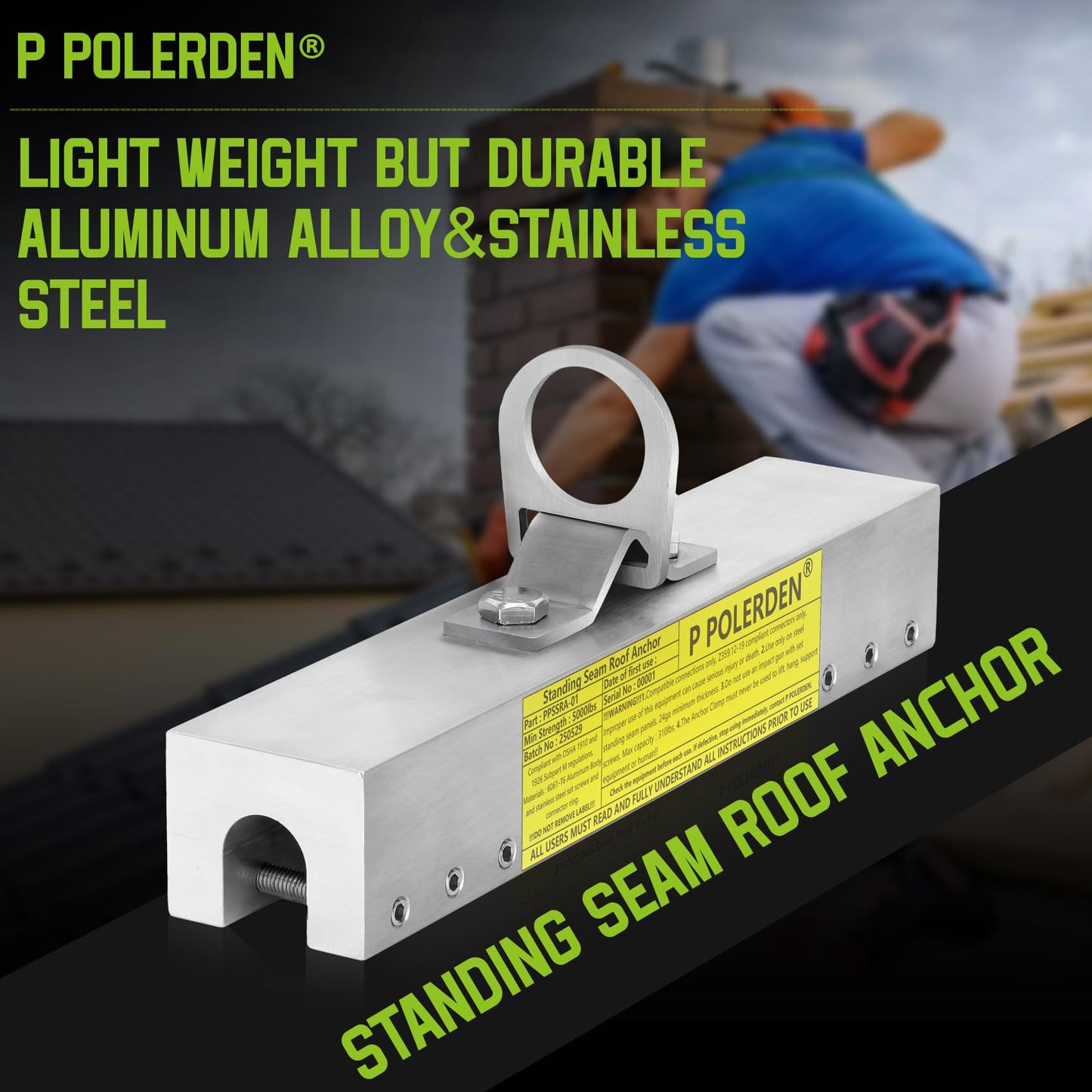 P Polerden Standing Seam Roof Anchor Clamp, Reusable Roofing Anchors Fall Protection Safety Kits, No Drill Roof Anchor, OSHA/ANSI Compliant, Lightweight, Solid Aluminum Alloy