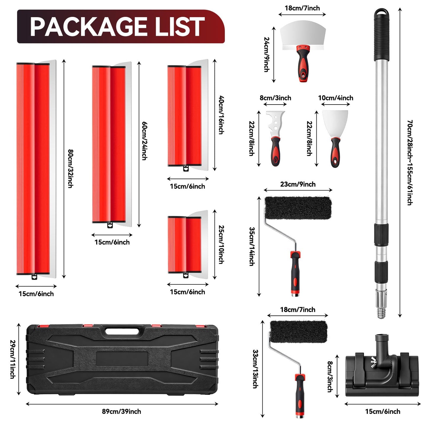 Pektiftn Drywall Skimming Blade Set with Portable Case, 10"+16"+24"+32" Skimming Blades, 28"-61" Extension Handle, 2 Drywall Compound Rollers and 3 Drywall Tools for Drywall, Plaster, Wallboard