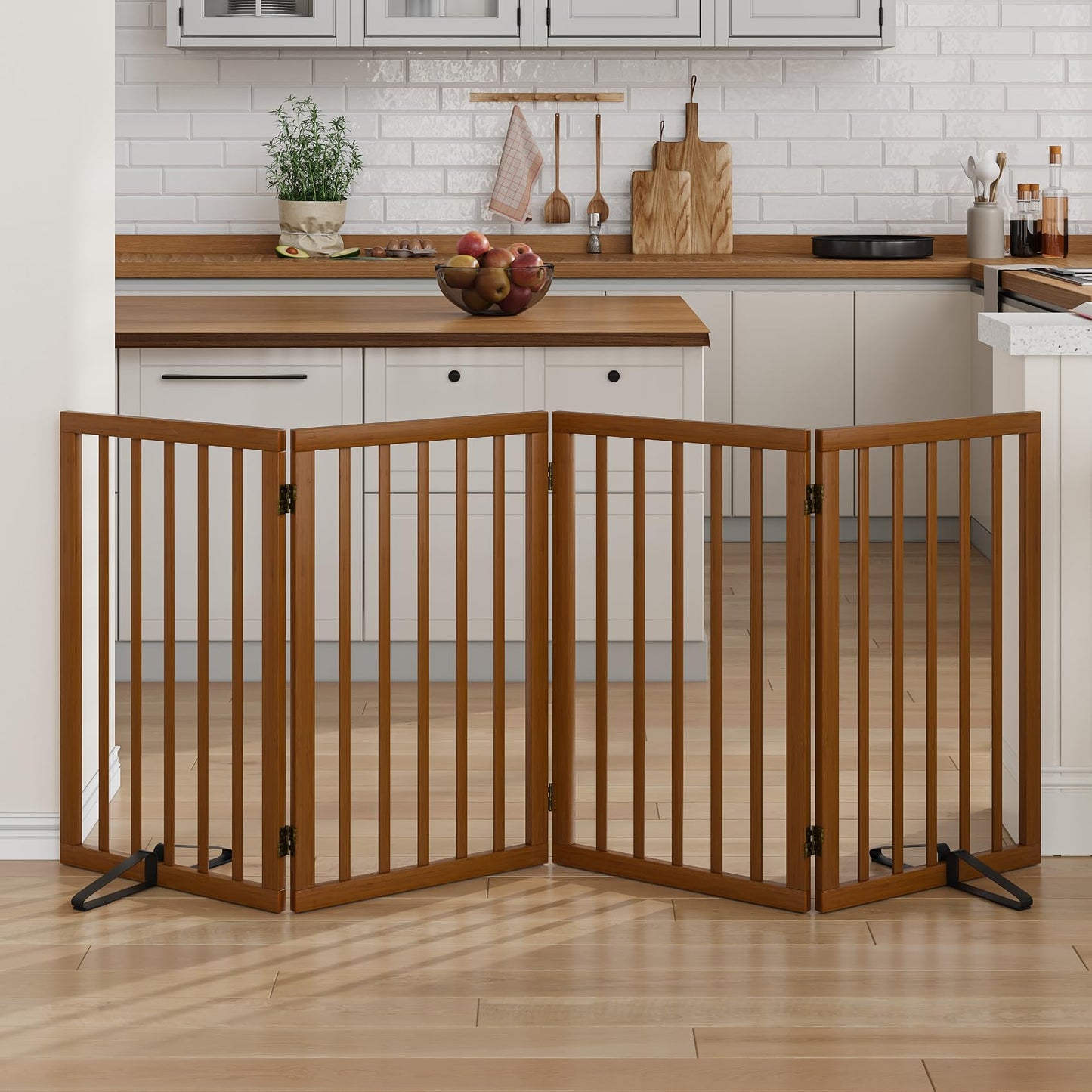 Mino Kesper Dog Gate 32" Tall Foldable Dog Gate for Doorways Freestanding Pet Gate for Dogs Indoor (Walnut, 4 Panel)