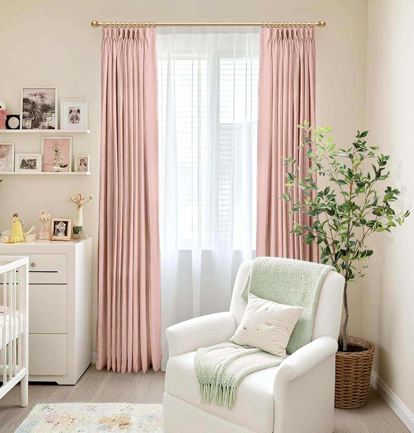 Skiennix 100% Blackout Curtains - Faux Linen Pinch Pleated Drapes, 96" Long, Blush Pink, 2 Panels Set