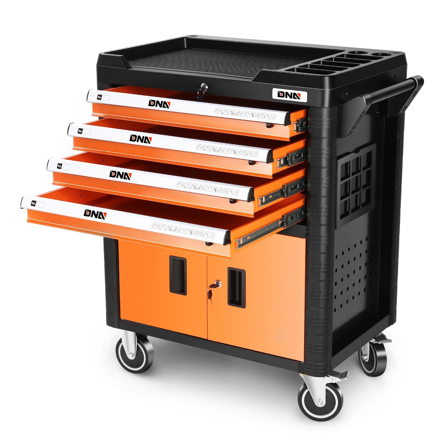 DNA Motoring 4-Drawer Rolling Tools Chest, Rolling Tool Storage Cabinet, Heavy Duty Mechanic Tool Cart, Trolley Organizer for Garage, Warehouse, Workshop, Orange, TOOLS-00402