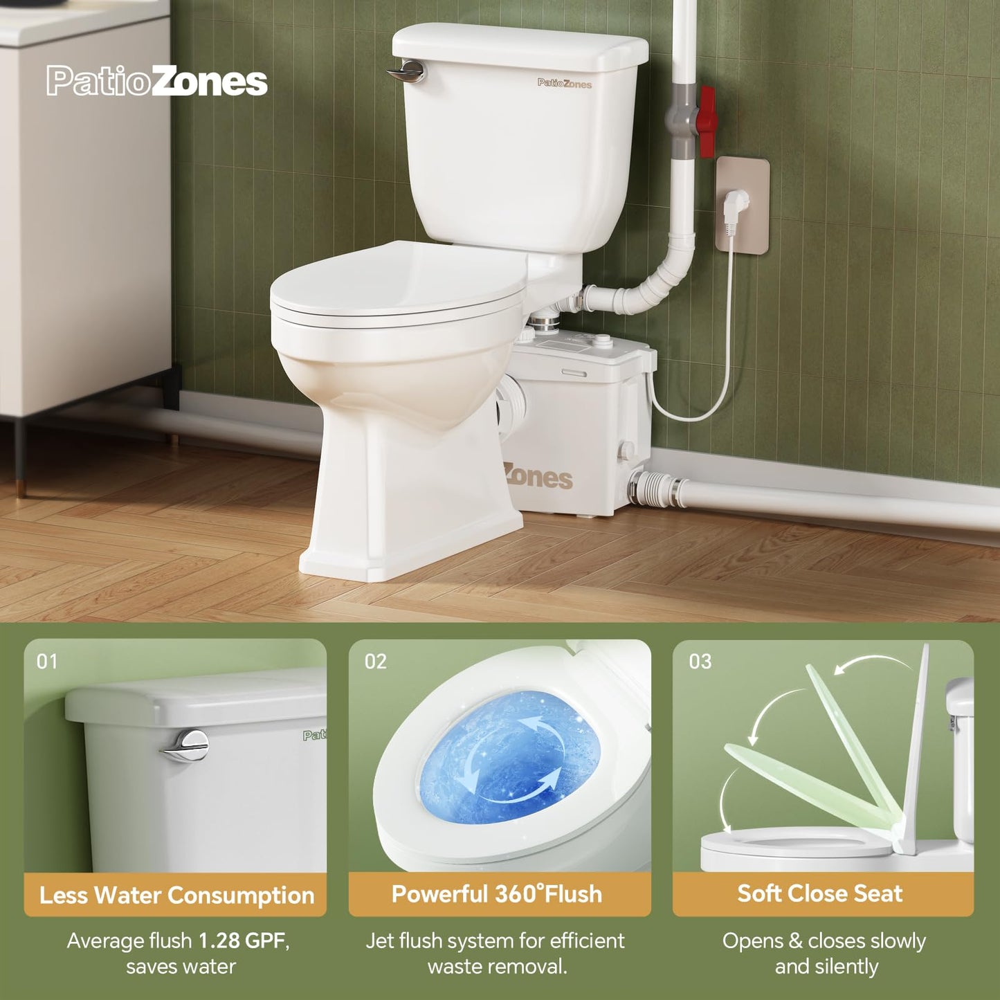 900W Basement Upflush Toilet System, Macerating Toilet with Pump, Head Lift Up to 39.3ft, Included Two-piece Elongated Bowl, 4 Inlets, Top & Side Discharge Macerator Pump, Extension Pipe