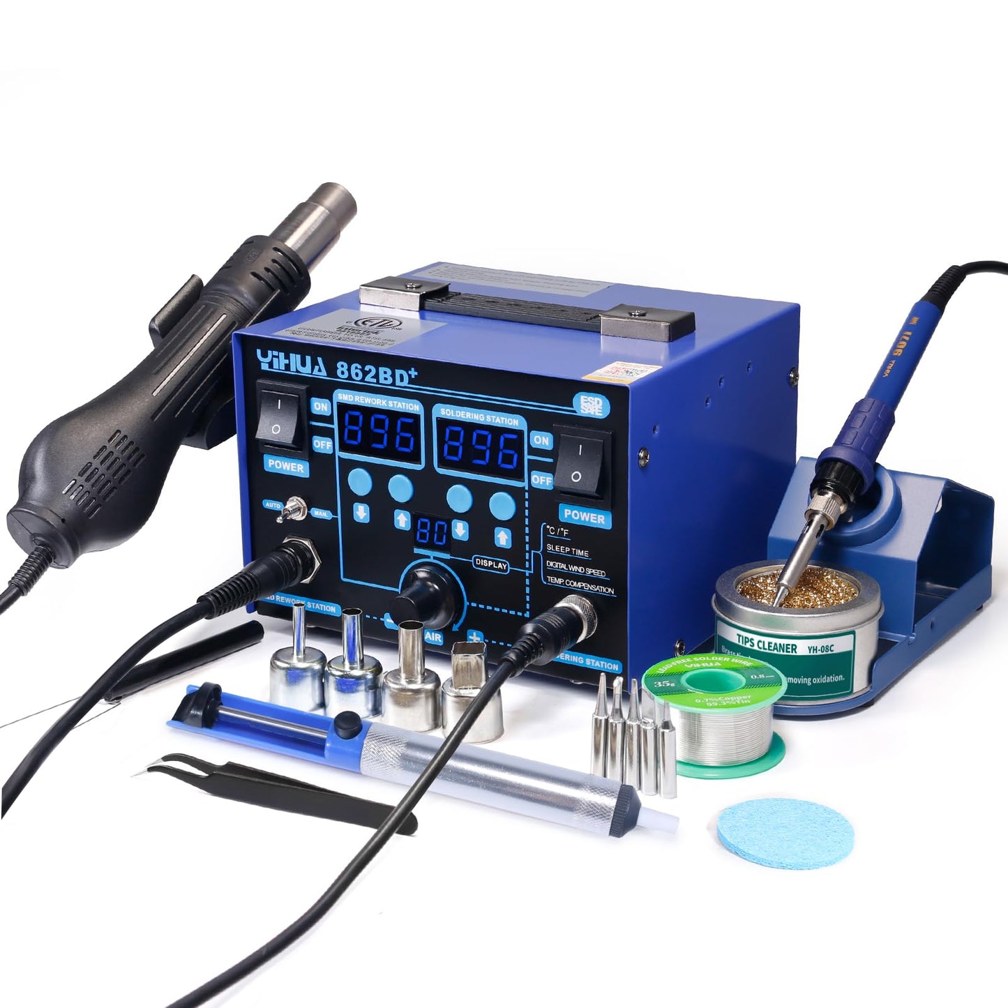 YIHUA 862BD+ SMD ESD Safe 2 in 1 Soldering Iron Hot Air Rework Station °F /°C with Multiple Functions