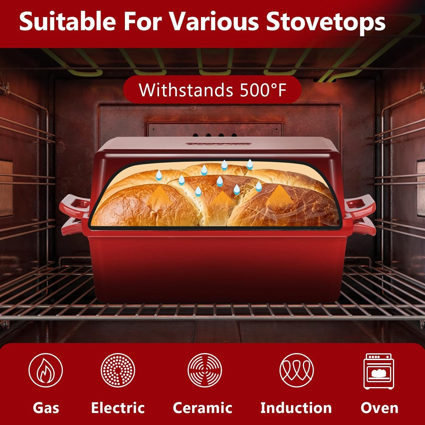 Wildone Enameled Cast Iron Bread Loaf Pan - 9x5 Sourdough Baking Set with Lid, Red, Even Heating