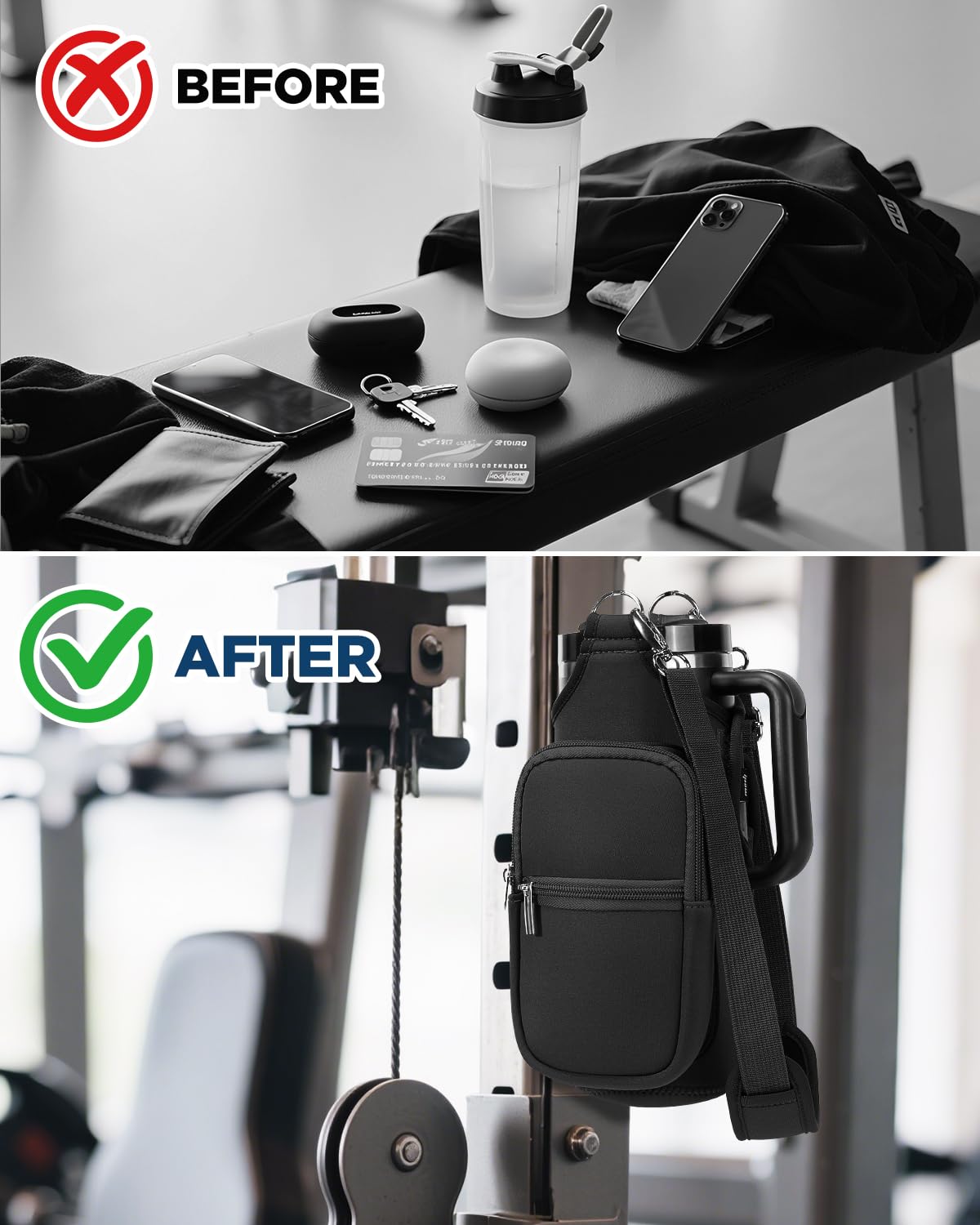 IPOW Magnetic Gym Bag Water Bottle Carrier Holder with Phone Pockets & Shoulder Strap for Men Women,Water Bottle Holder, Gym Pouch, Crossbody Bag for Travel, Sports, Work, Fitness - Black